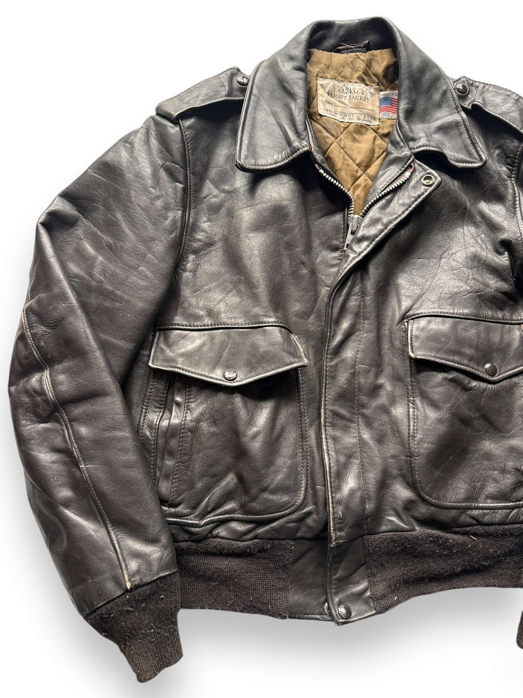 Front Right View of Vintage Schott IS 674 Leather Flight Jacket SZ 42