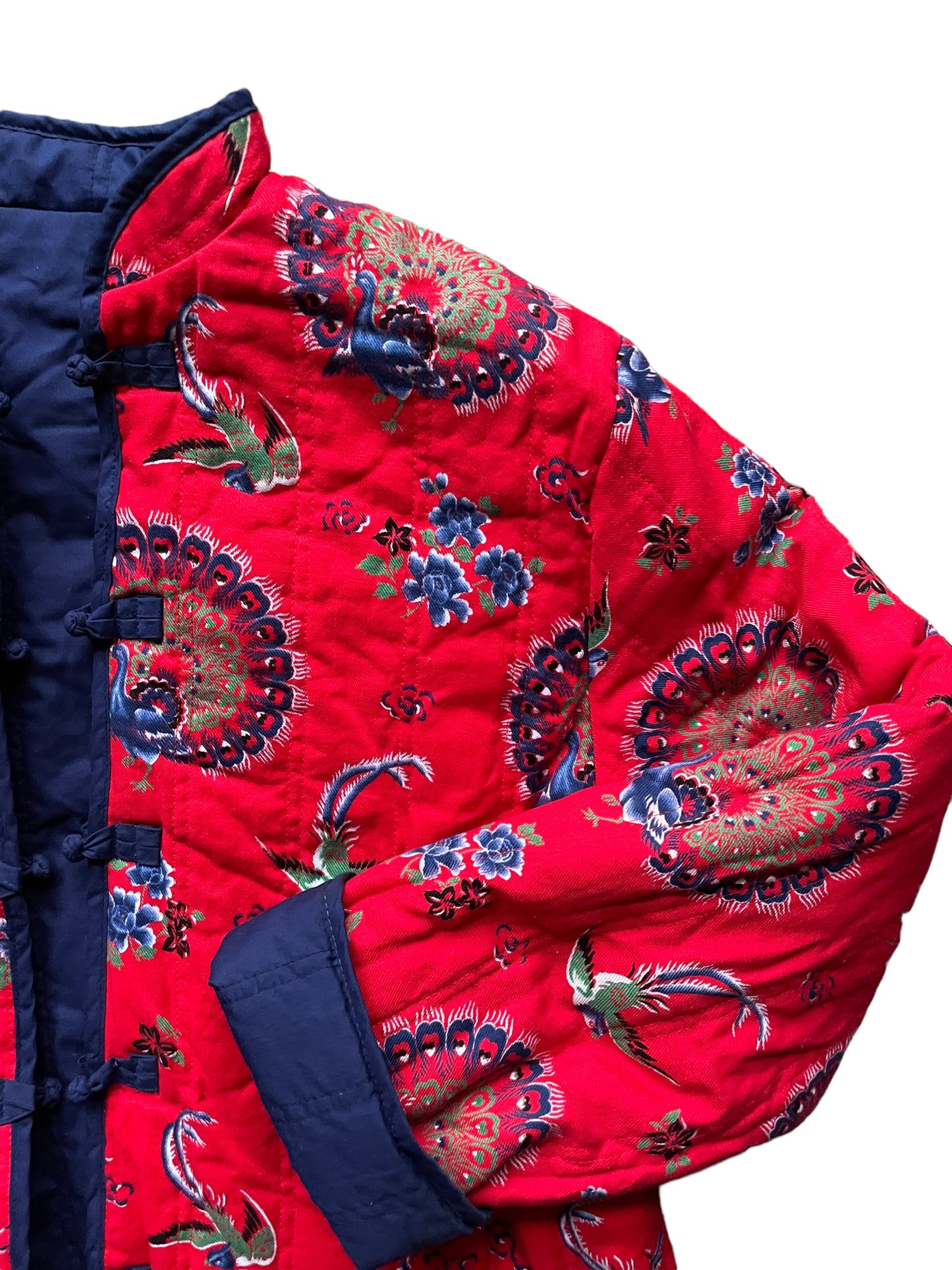 Red side left shoulder view ofQuilted Reversible Cheongsam Style Jacket SZ L-XL | Seattle Vintage Jackets | Barn Owl Vintage