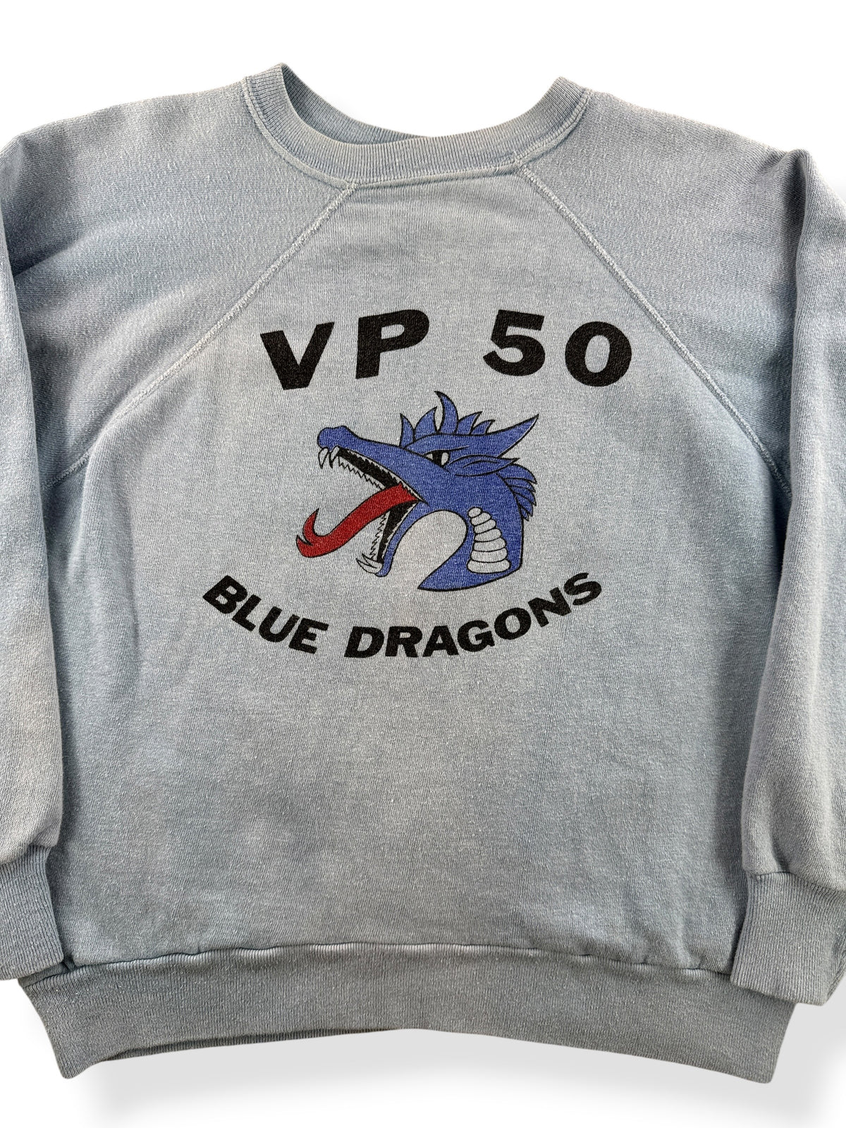 Close-up of Vintage 70s VP 50 Blue Dragons Crewneck SZ L (Fits S)