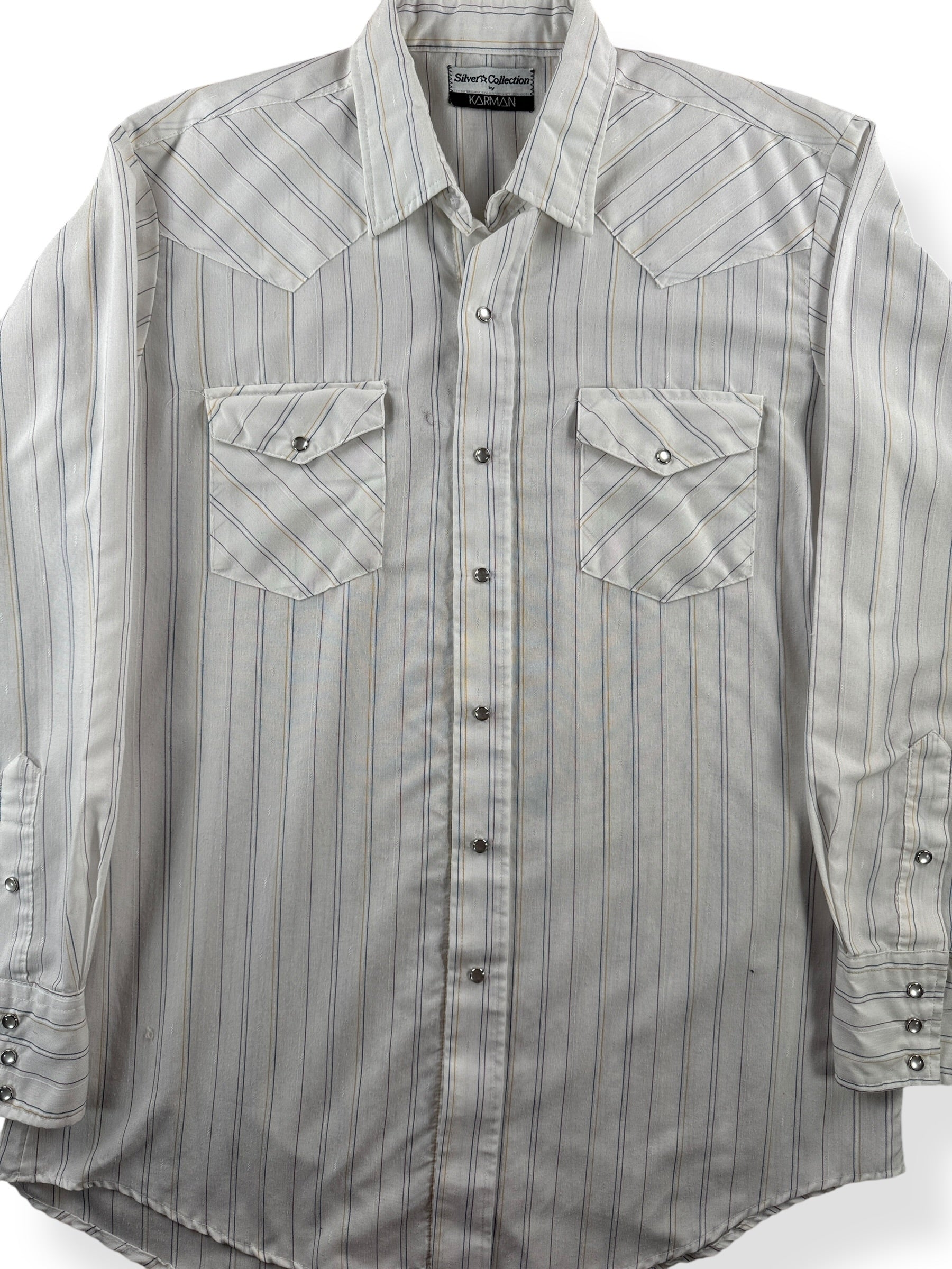 Front Close Up of Vintage Karman Silver Collection Pearl Snap Shirt SZ L