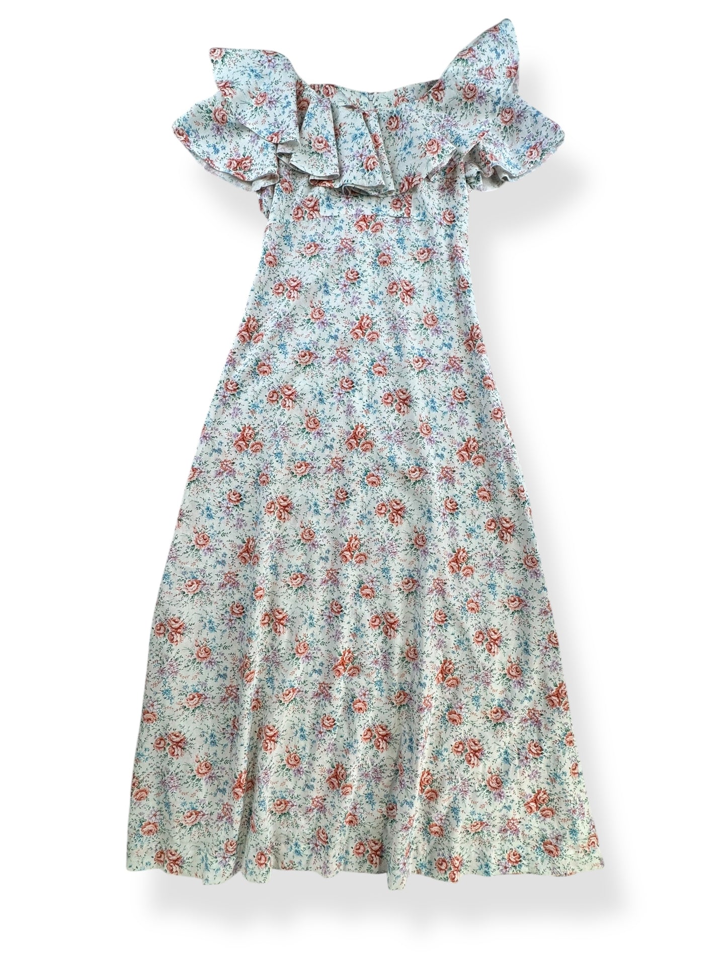 Front view of 1970s Floral Ruffle Maxi Dress S