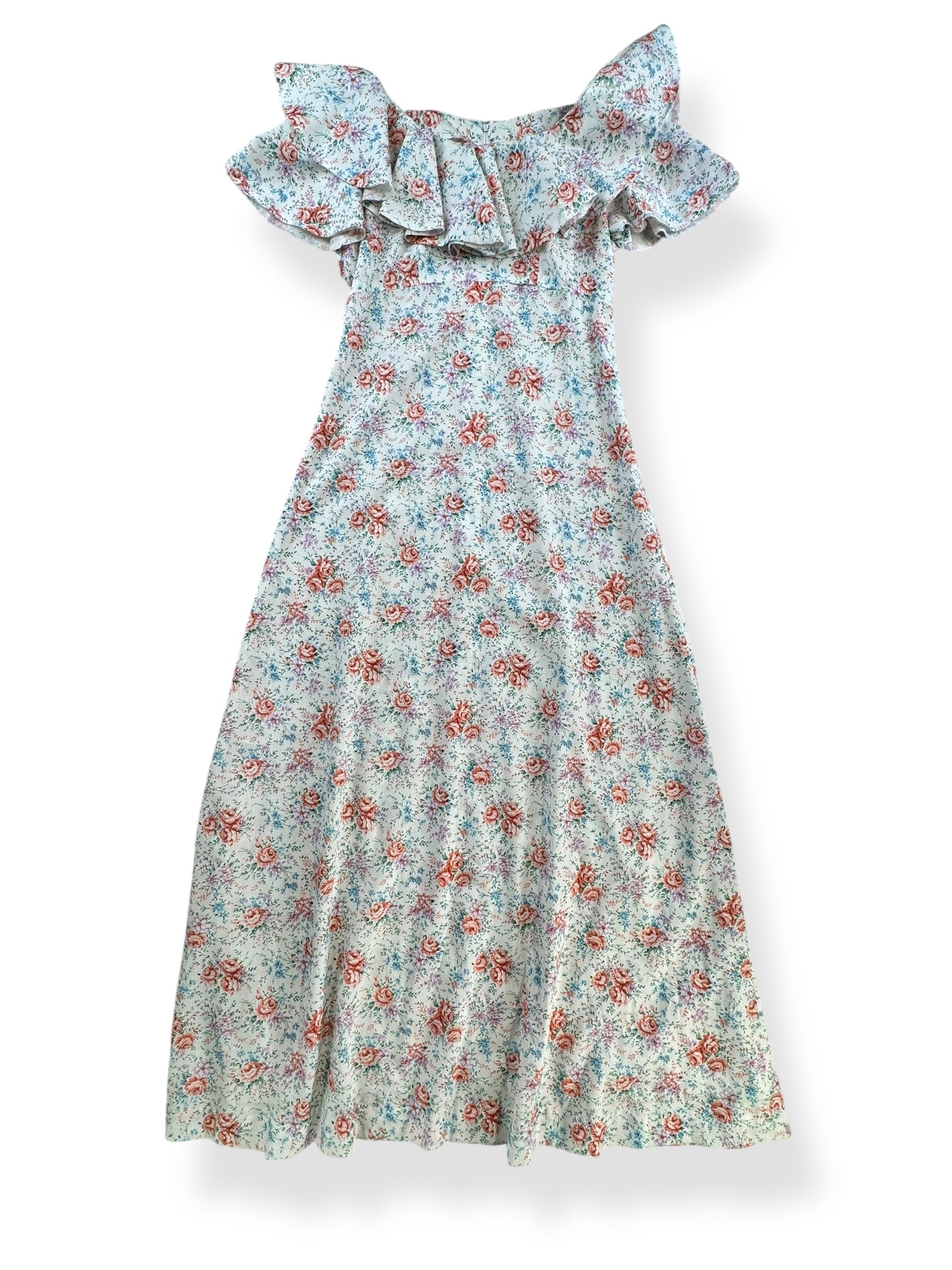 Front view of 1970s Floral Ruffle Maxi Dress S