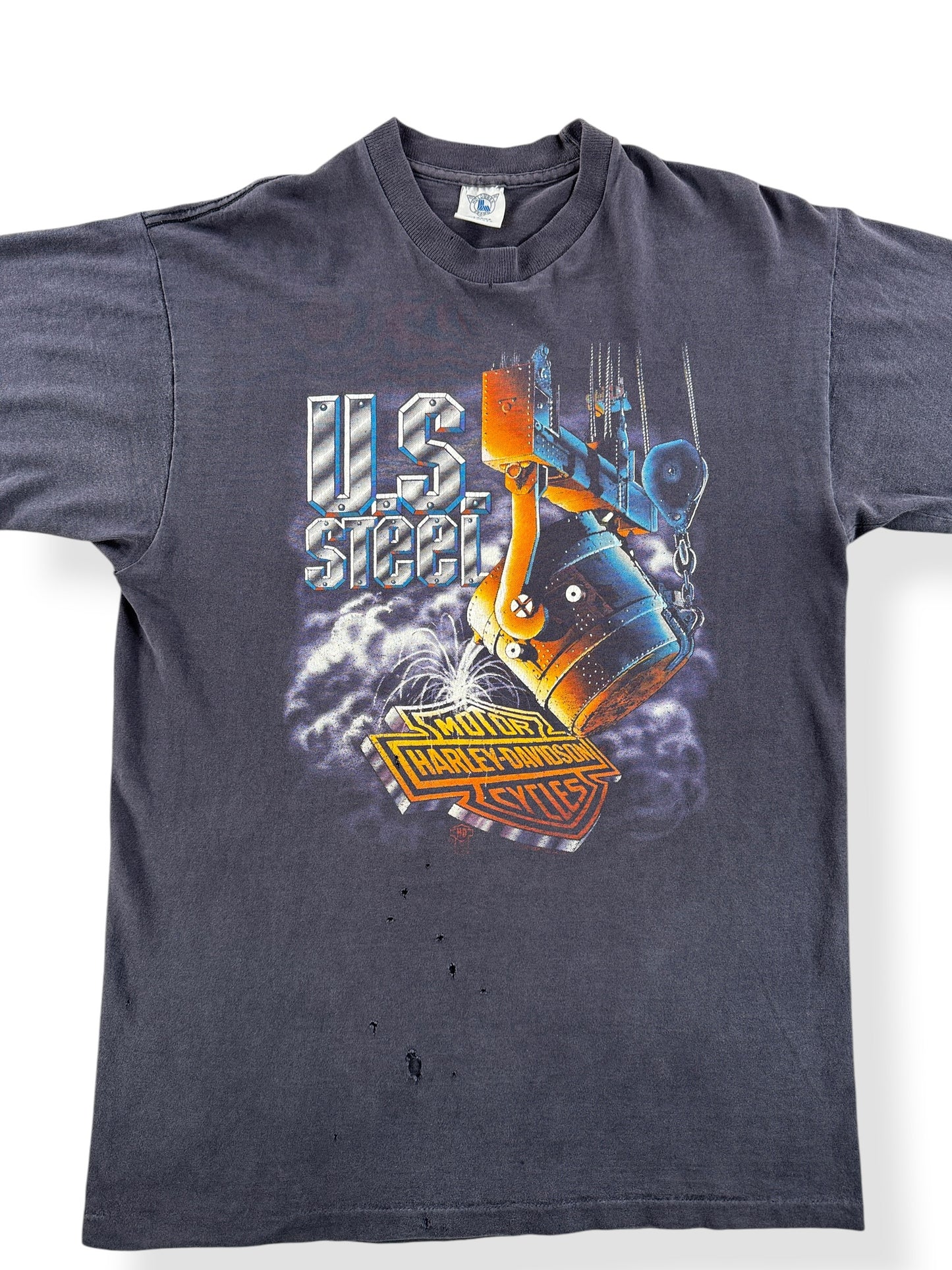 Front Close Up of Vintage 90s US Steel Harley Tee SZ XL (Fits M)