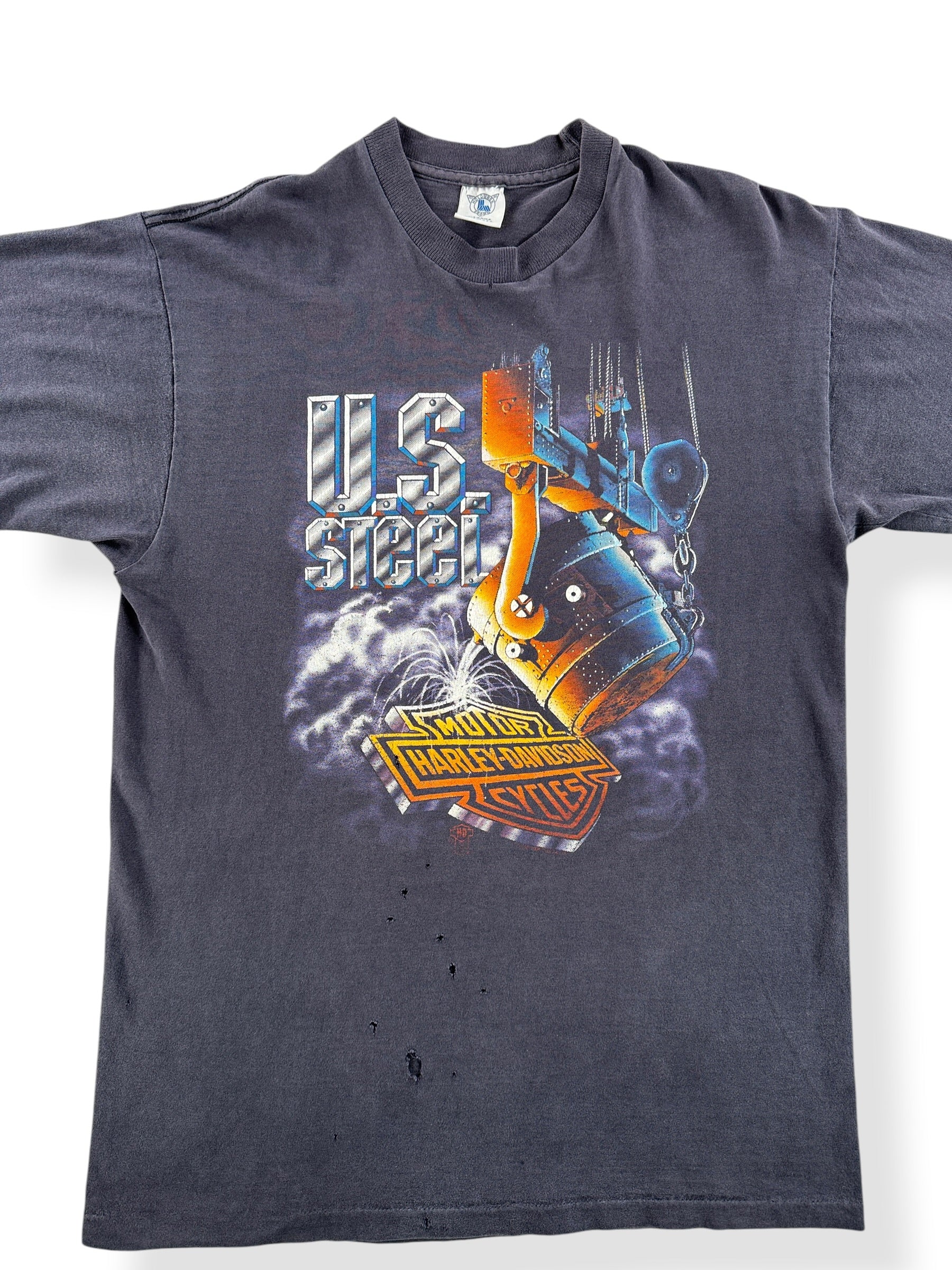 Front Close Up of Vintage 90s US Steel Harley Tee SZ XL (Fits M)