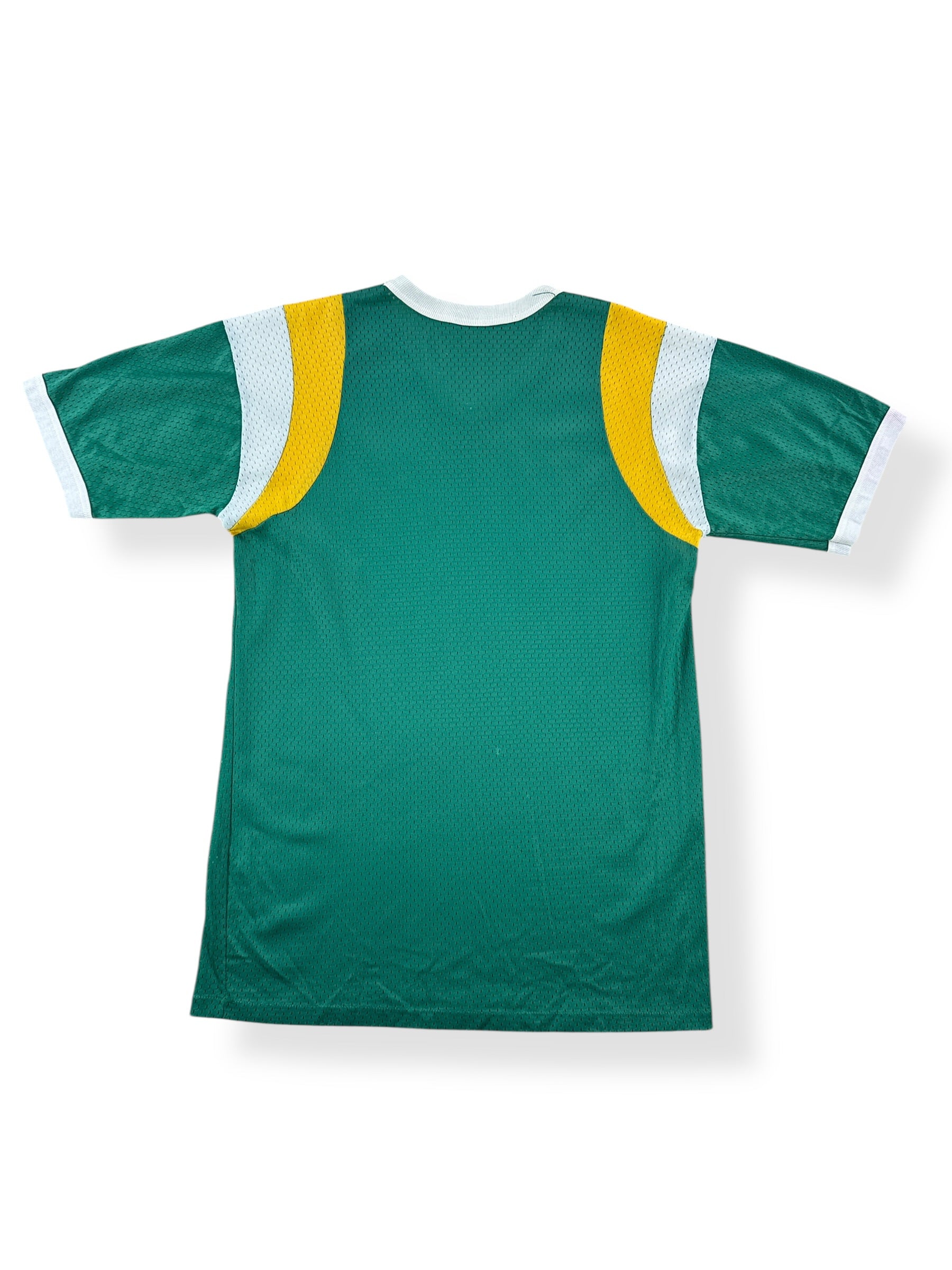 Back of Vintage Green and Yellow Warm Up Jersey SZ L (Fits M)