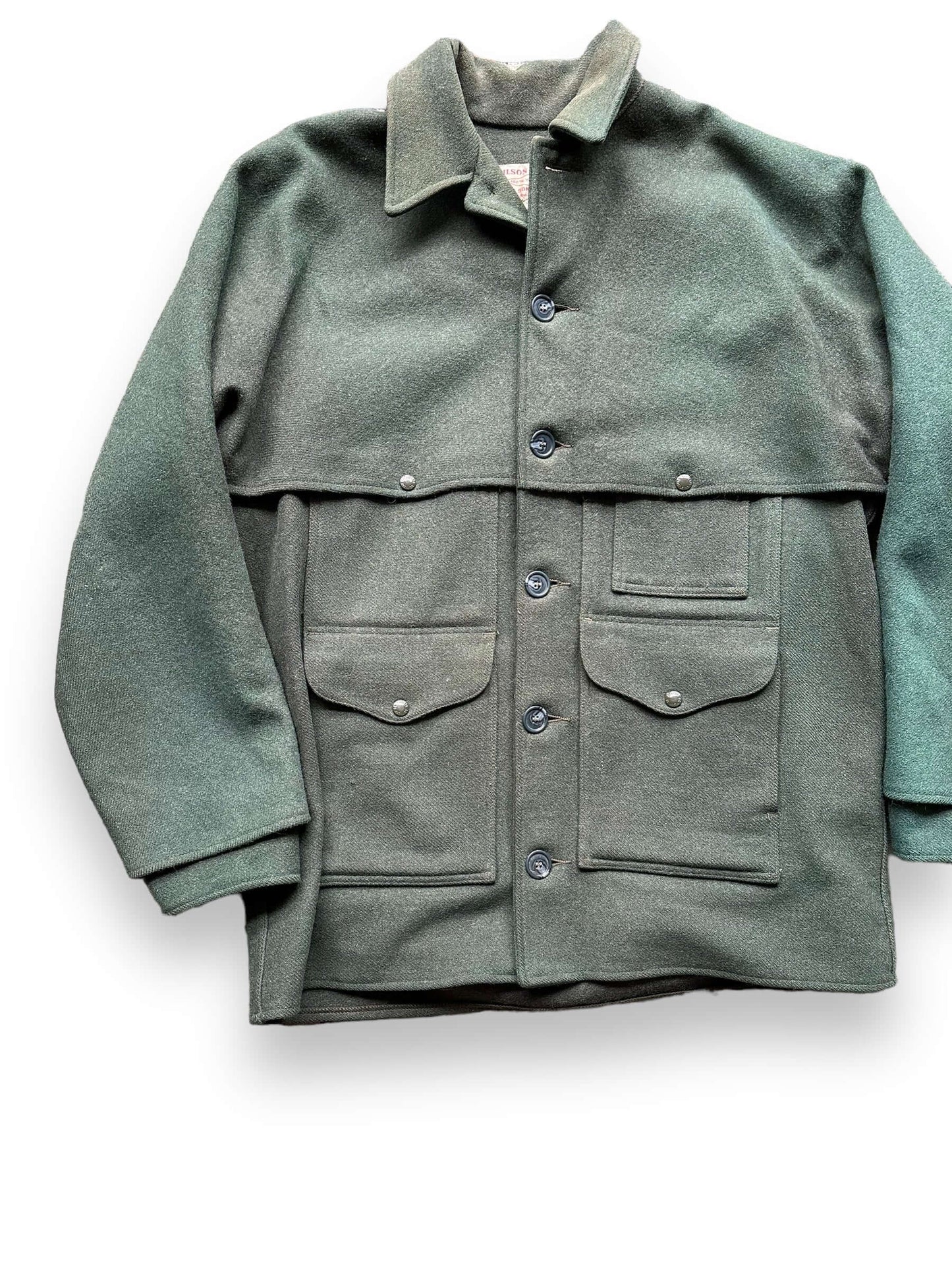 Front Right View of Vintage Filson Forest Green Double Mackinaw Cruiser SZ 48 |  Vintage Filson Workwear Seattle
