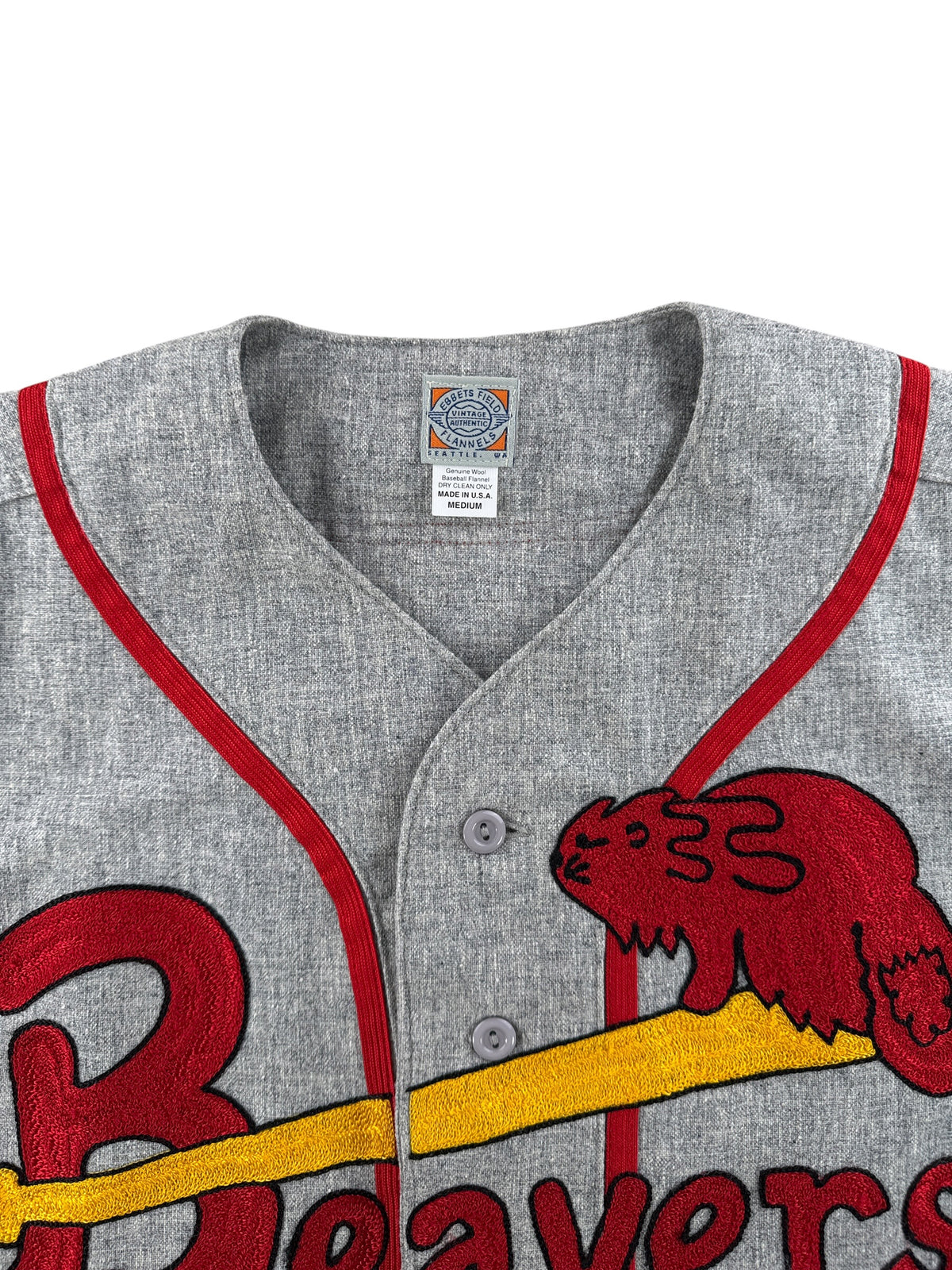 Collar on Ebbets Field Beavers Wool Baseball Jersey SZ M