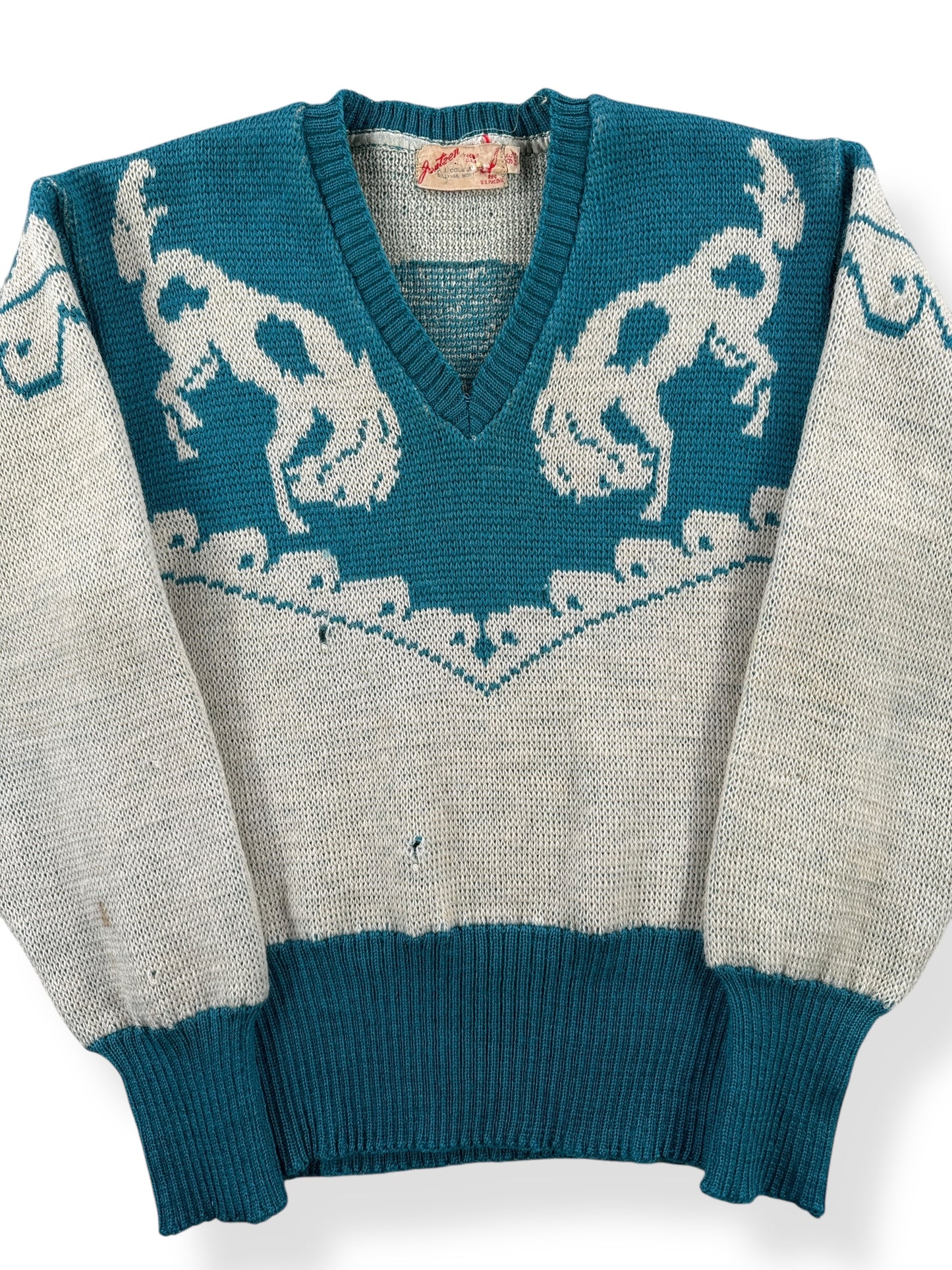 Front Close Up of Vintage 1940s Jantzen Let 'Em Buck Sweater SZ XS