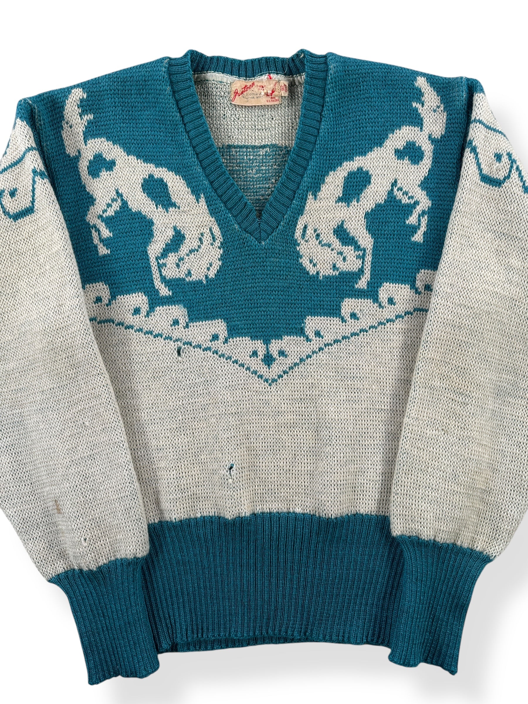 Front Close Up of Vintage 1940s Jantzen Let 'Em Buck Sweater SZ XS