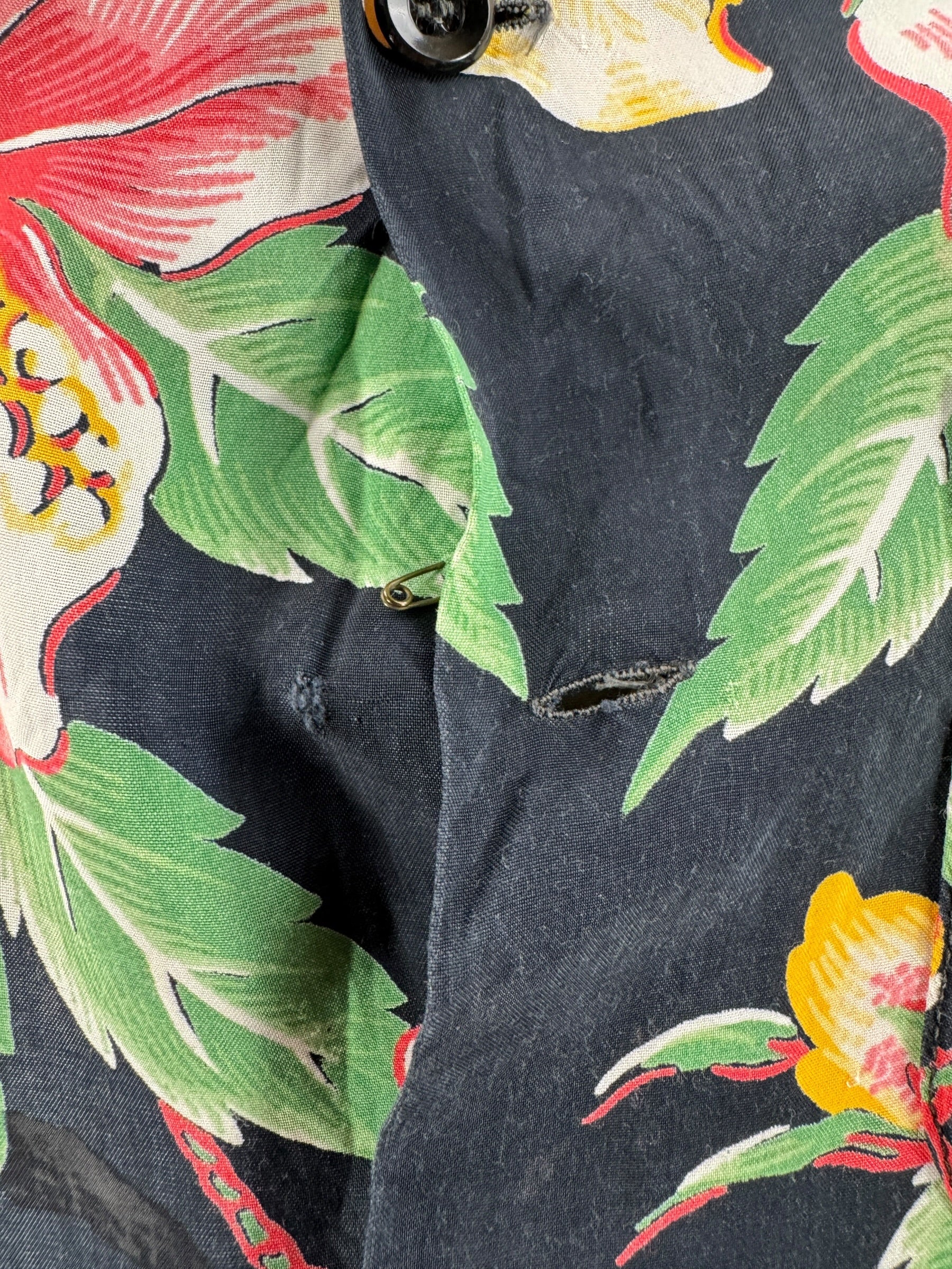 Missing Button on Vintage Black Made in California Floral Rayon Aloha Shirt SZ L (Fits M)