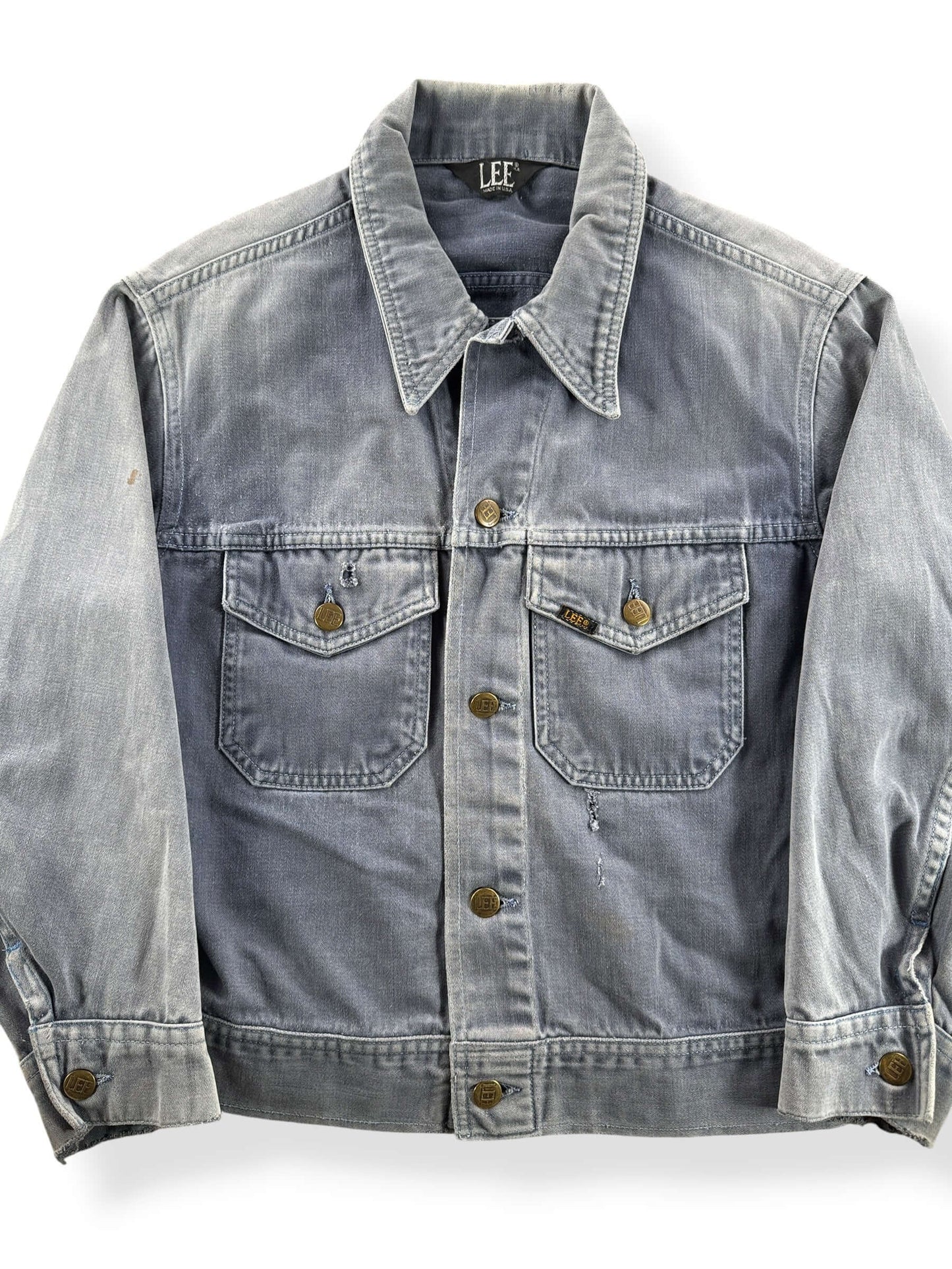 Front Close Up of Vintage 70s Lee Faded Moleskin Trucker Jacket SZ S