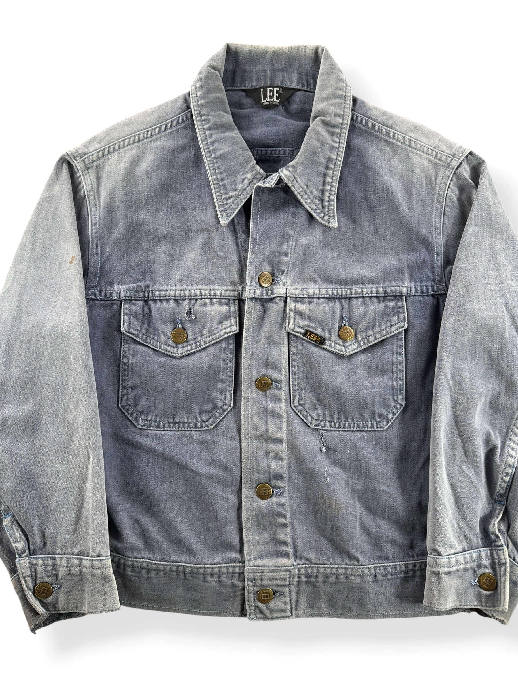Front Close Up of Vintage 70s Lee Faded Moleskin Trucker Jacket SZ S