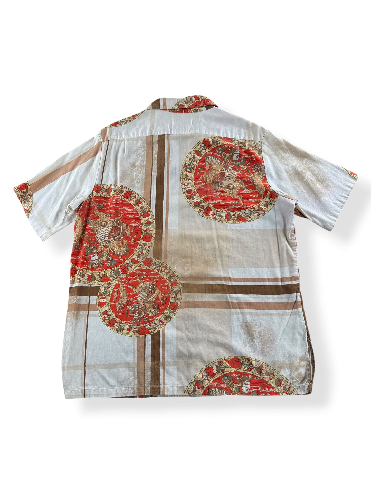 Back of Vintage Andrade Warrior God Motif Aloha Shirt SZ L