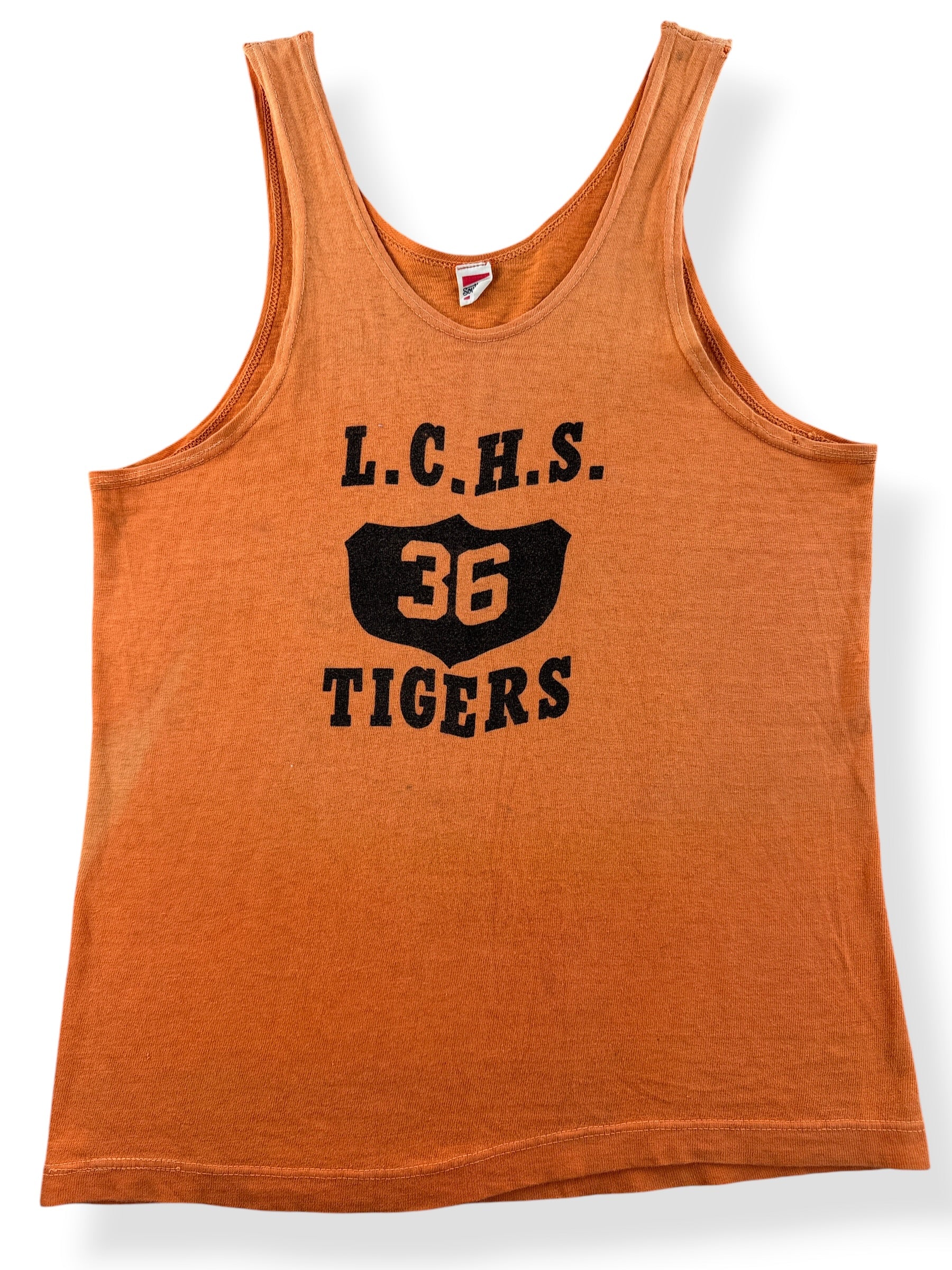 Close-up of Vintage 1960s Faded Orange LCHS Tigers Tank Top SZ M (Fits S)