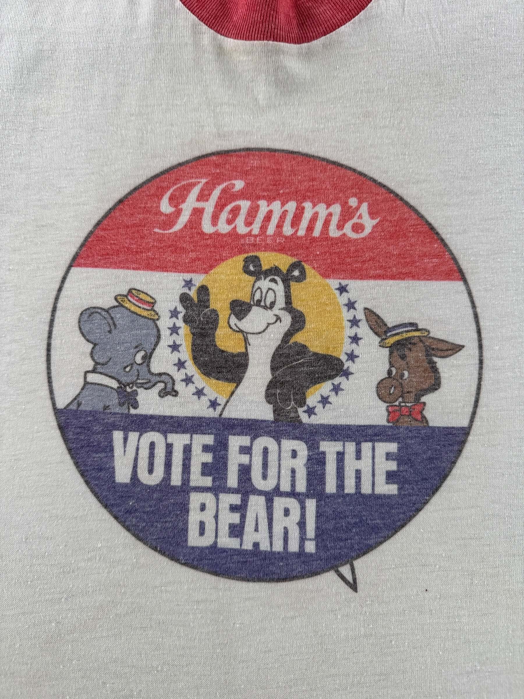 Graphic of Vintage Hamms Vote for the Bear Faded Ringer Tee SZ XL (Fits L)