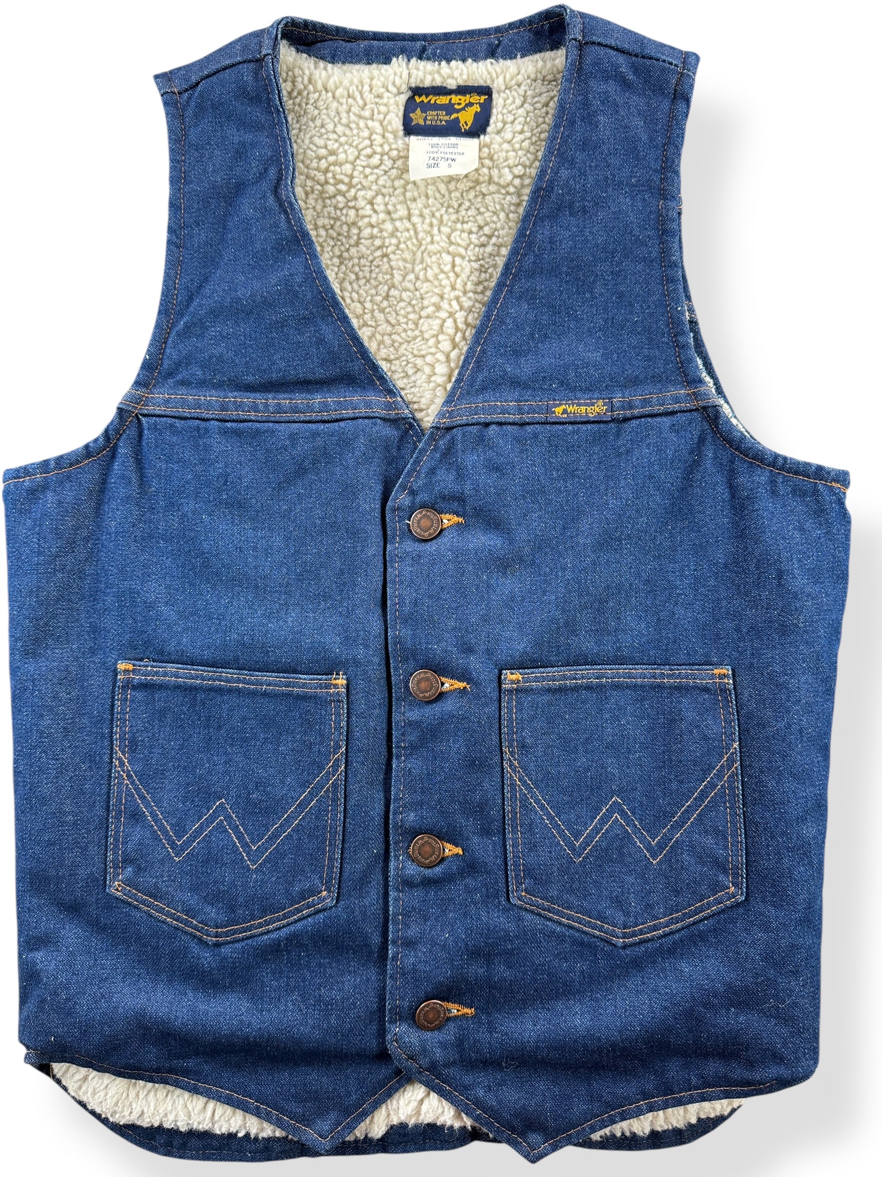 Front Close Up of Vintage Wrangler Sherpa Denim Vest SZ S