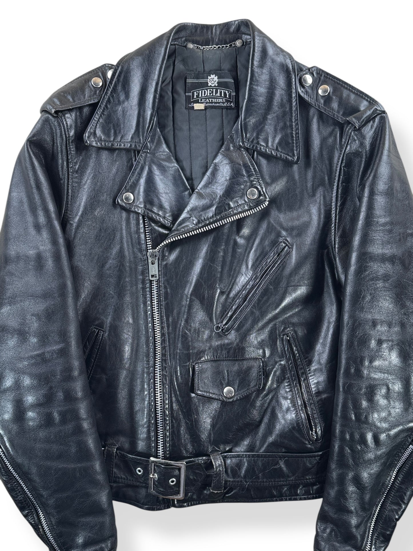Front Close Up of Vintage Fidelity Leathers Biker Jacket SZ 42