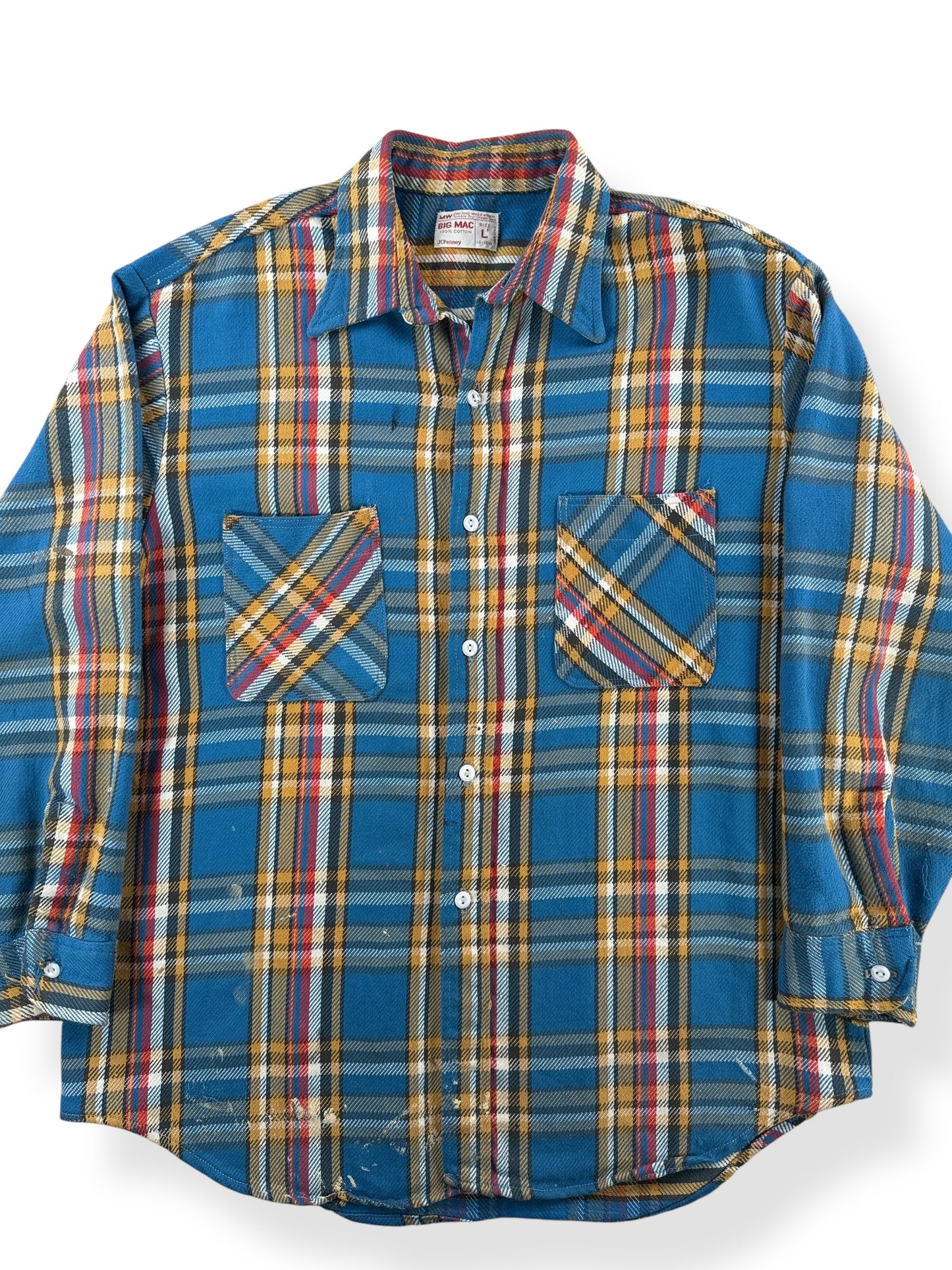 Front Close Up of Vintage Big Mac Blue and Yellow Plaid Cotton Flannel SZ L
