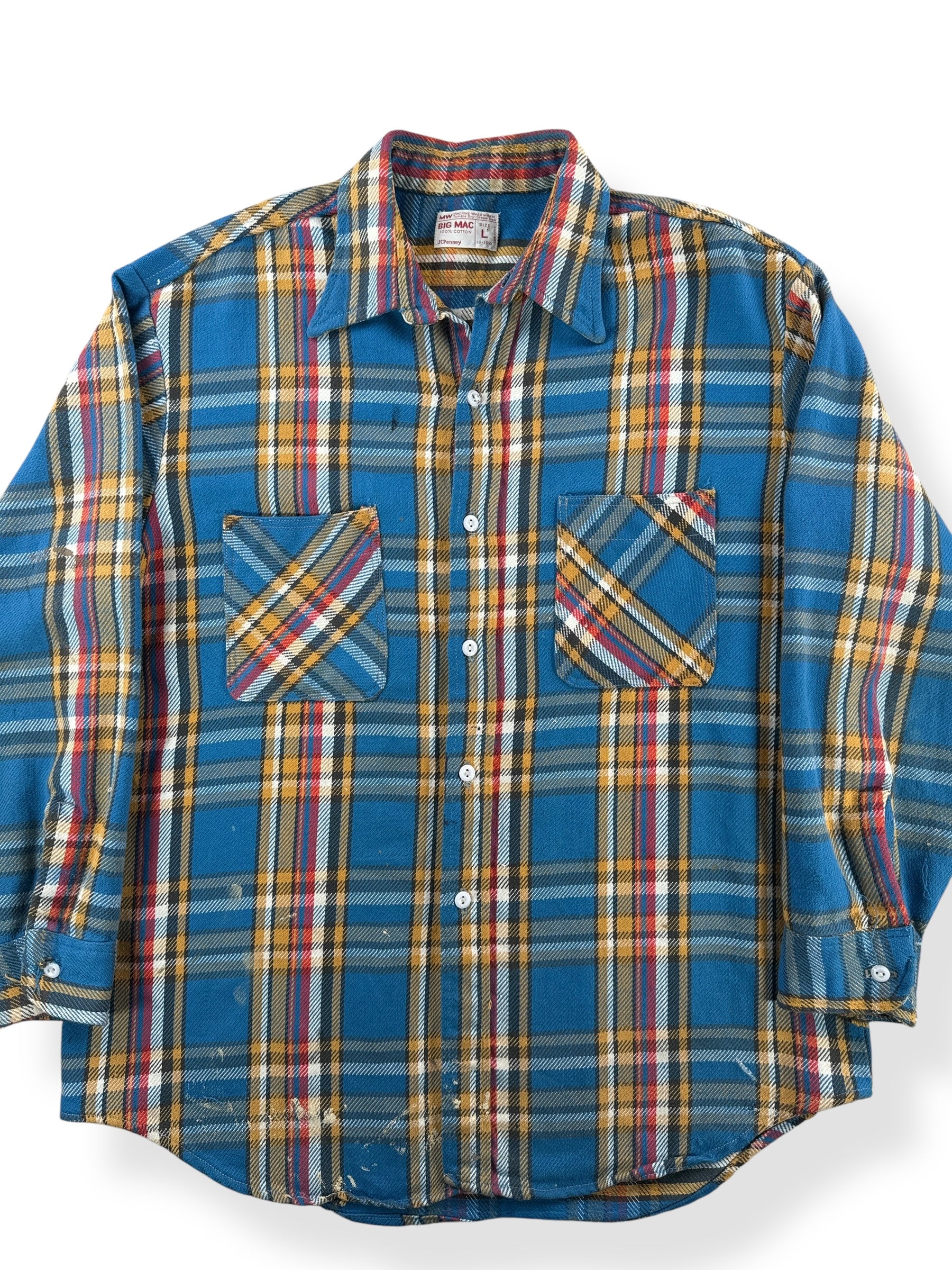 Front Close Up of Vintage Big Mac Blue and Yellow Plaid Cotton Flannel SZ L