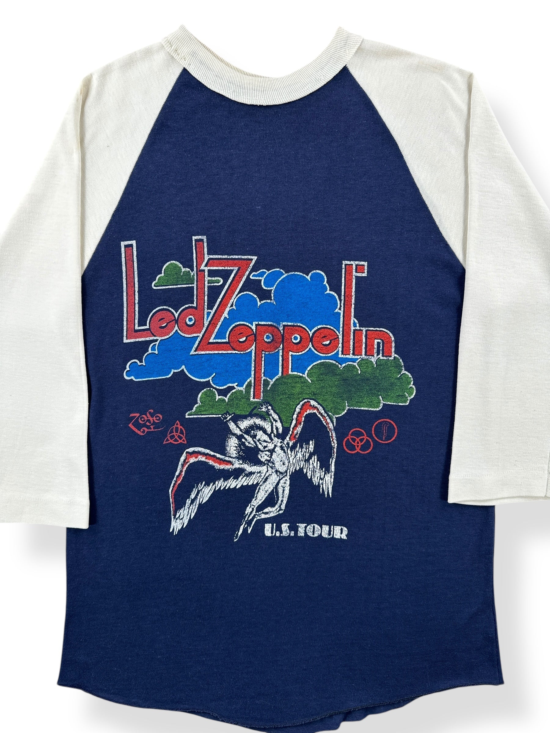 Front Close Up of Vintage Led Zeppelin Two Sided Tour Raglan Tee SZ S