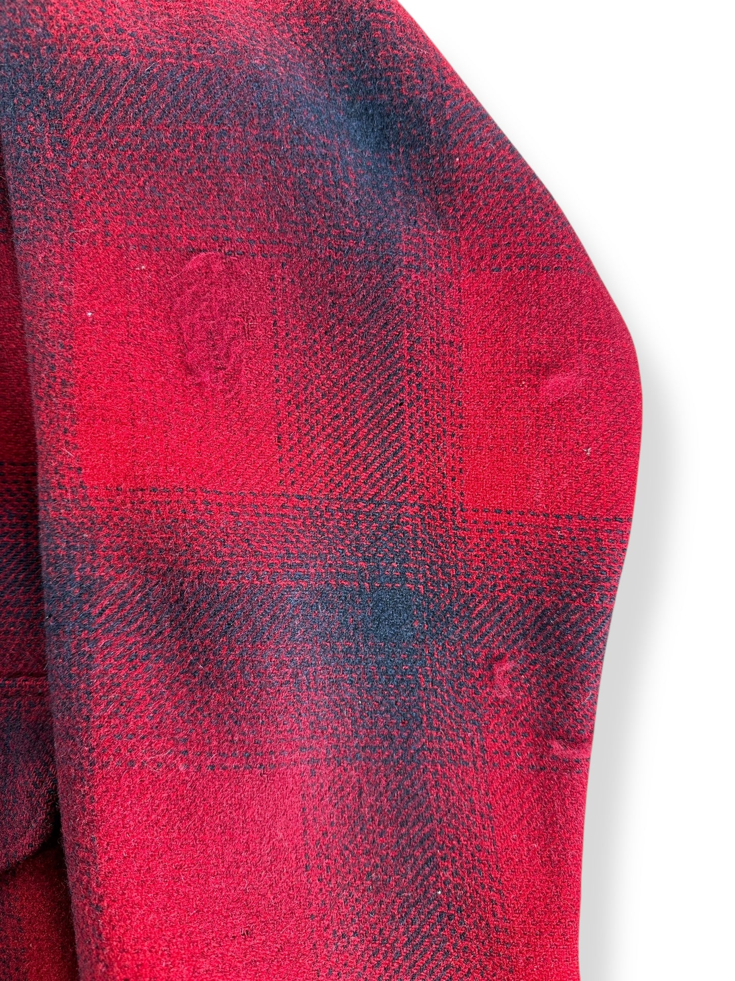 Distressing on Vintage Pendleton Red & Black Shadow Plaid Mackinaw Jacket SZ L AS IS