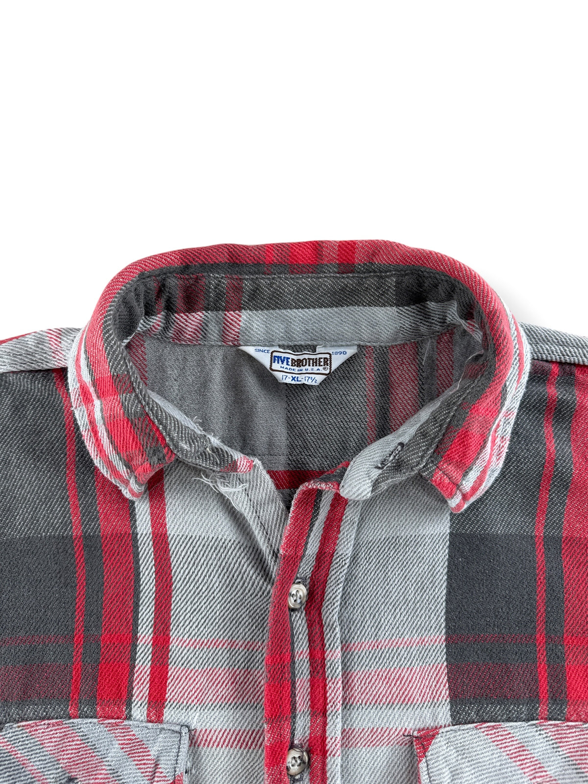 Collar on Vintage Five Brothers Red & Grey Cotton Flannel SZ XL