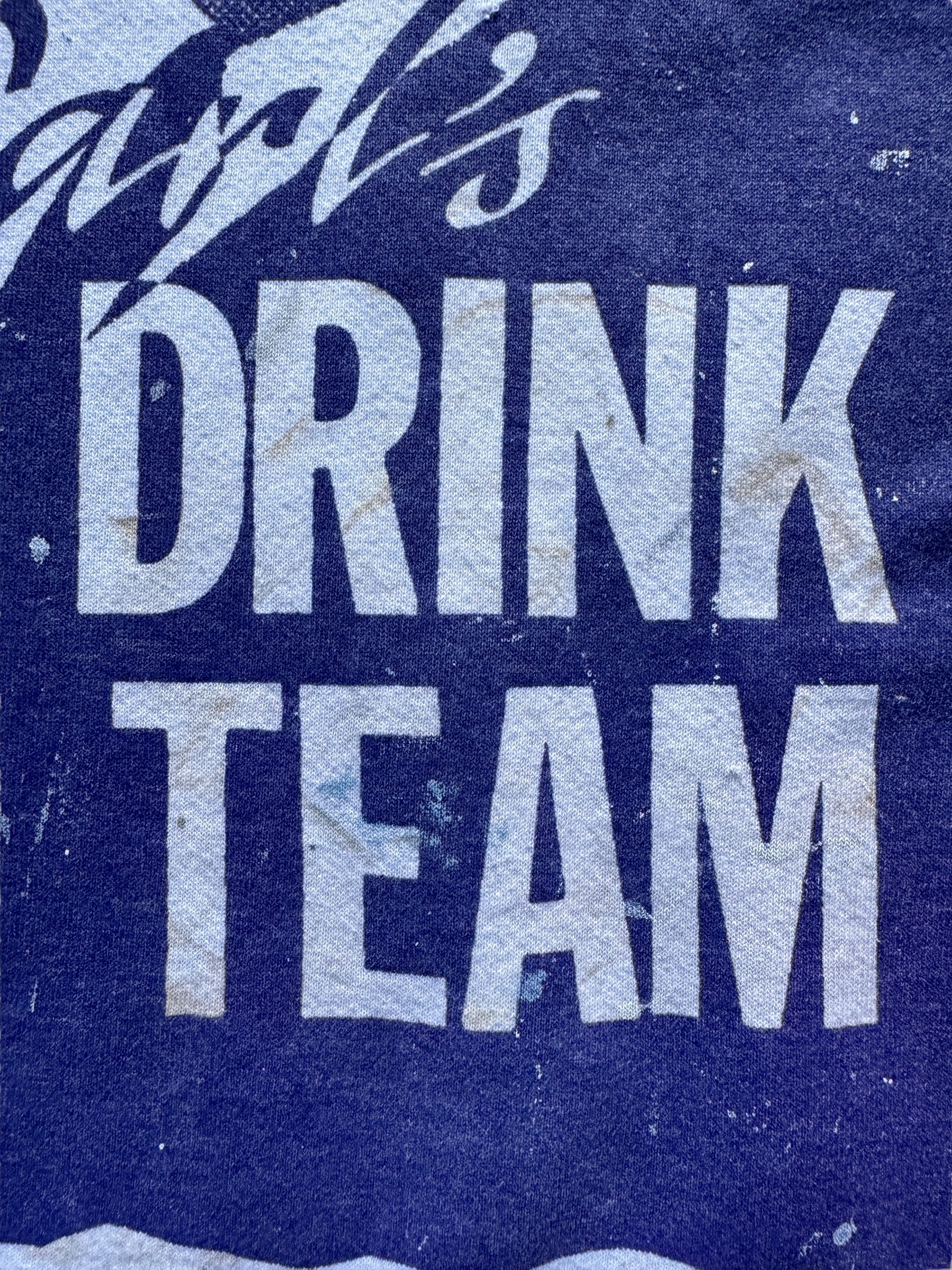 stained graphic on front of Vintage Distressed Carl's Drink Team Hitchcock Crewneck SZ XL