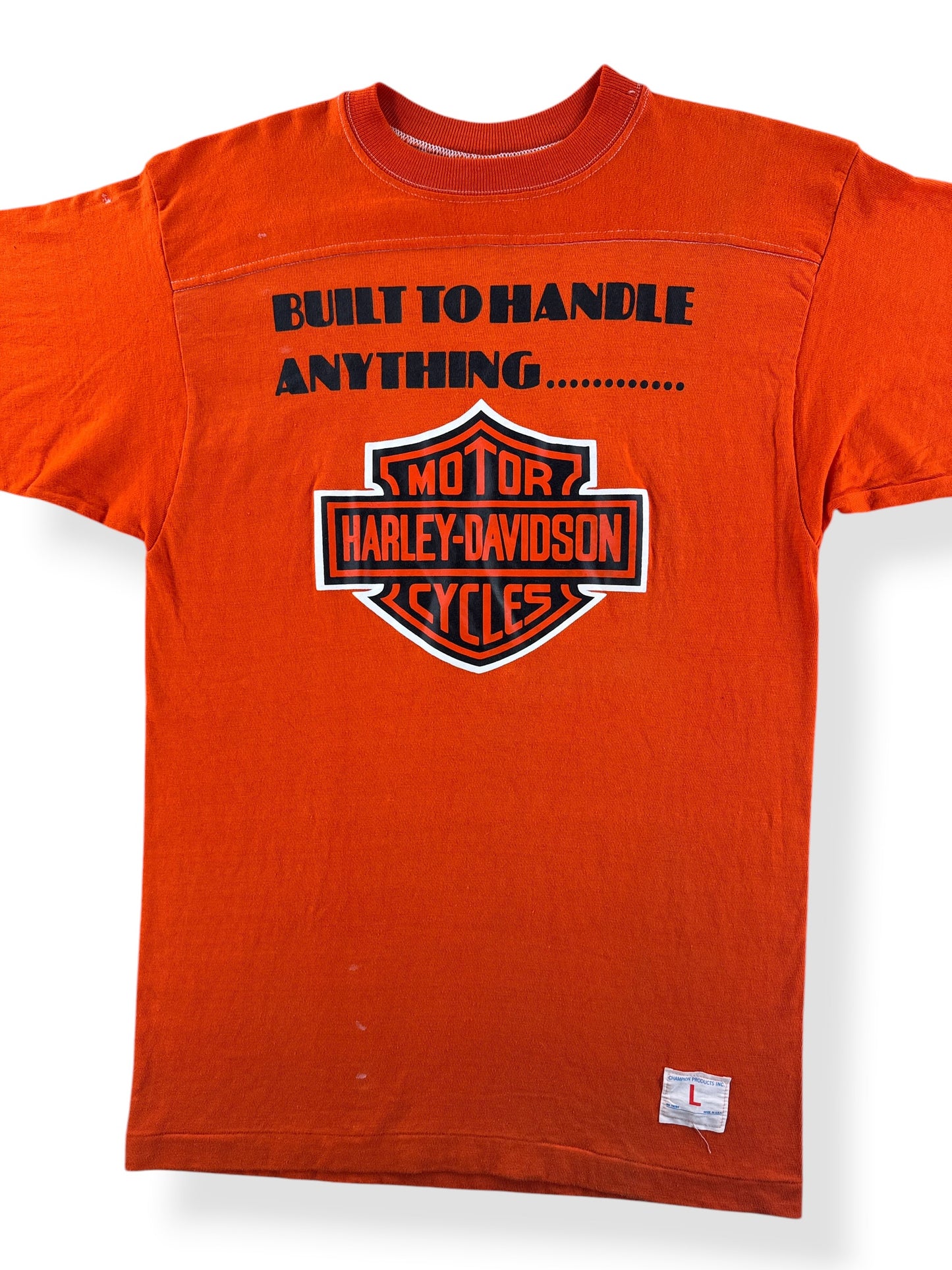 Front Close Up of Vintage Orange Champion Blue Bar Built to Handle Anything Harley Tee SZ L (Fits M)
