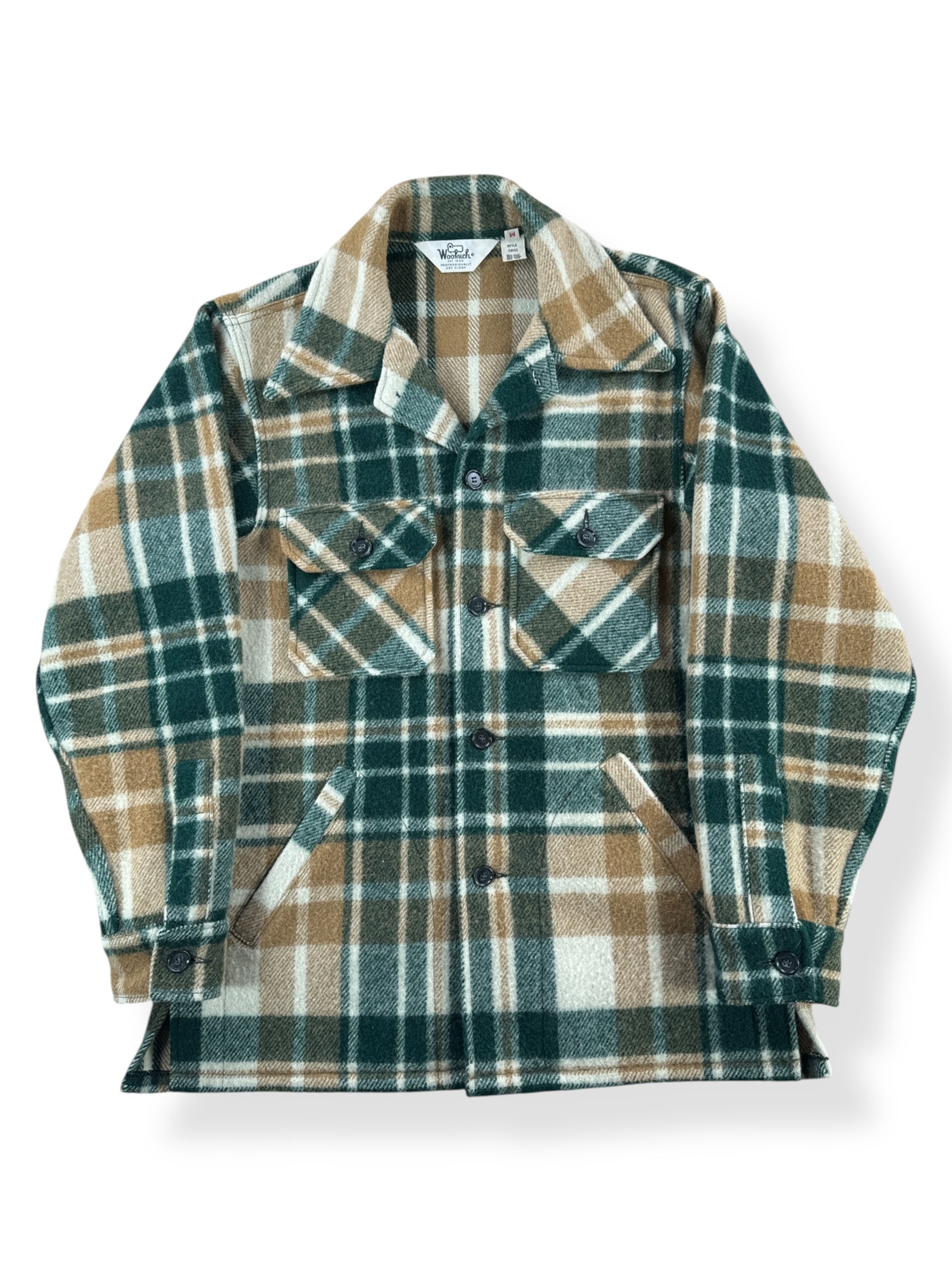 Front of Vintage Woolrich Green & Beige Plaid Jacket SZ M