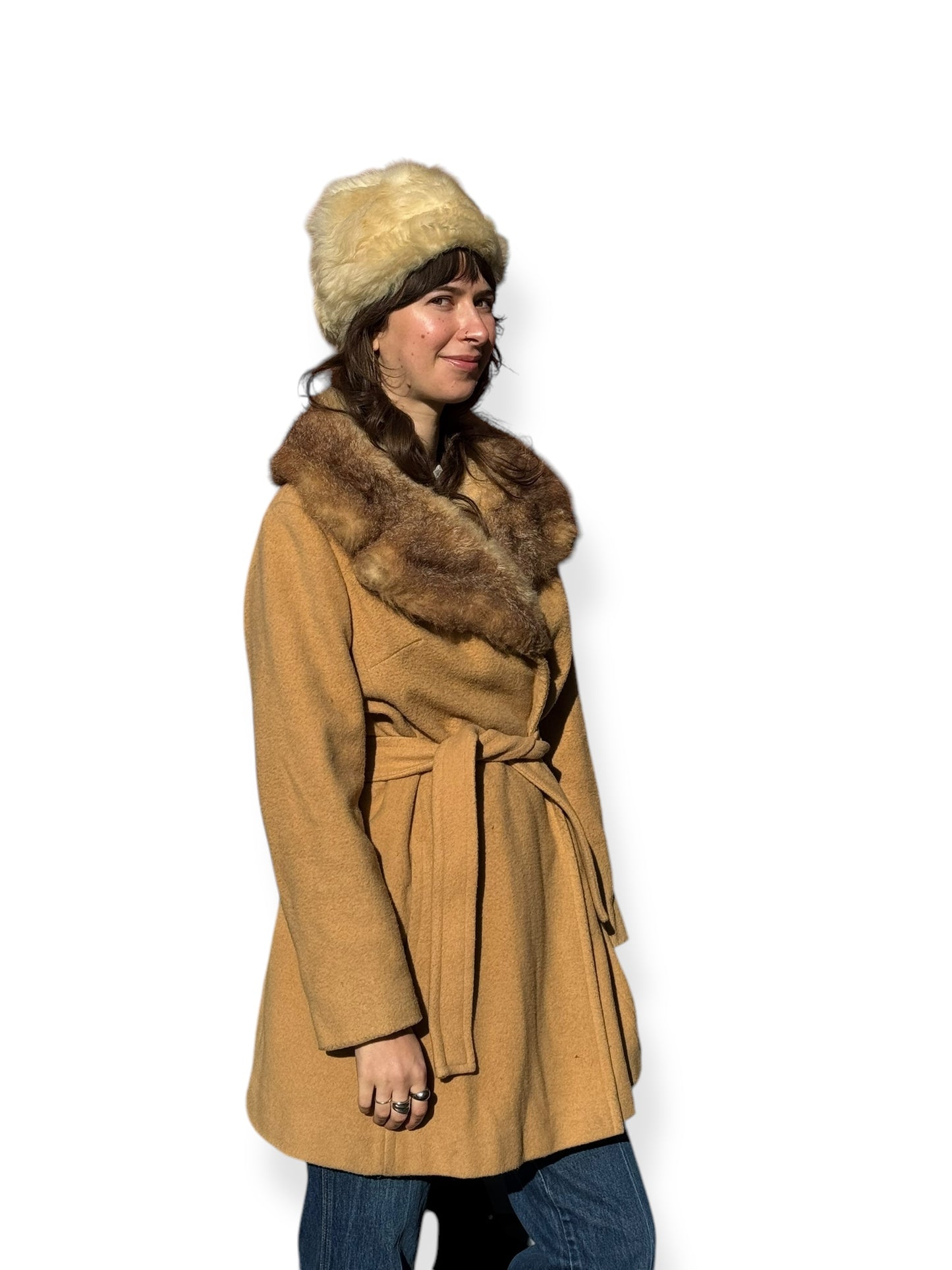 1960s Belted Camel Coat with Fur Collar M