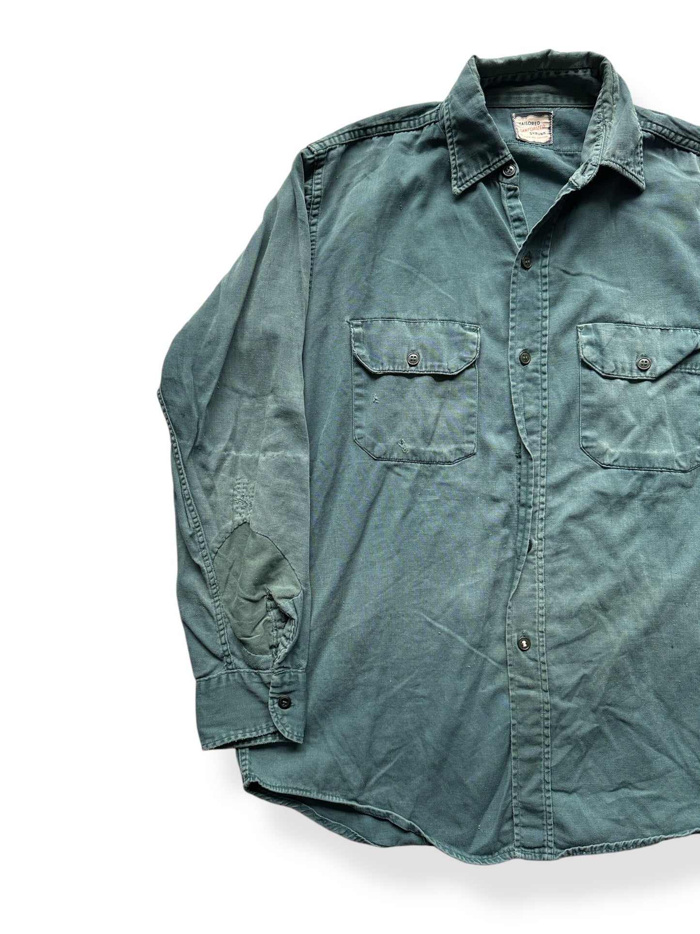 Front Right of Vintage Thrashed & Repaired Sanforized Green Work Shirt SZ L