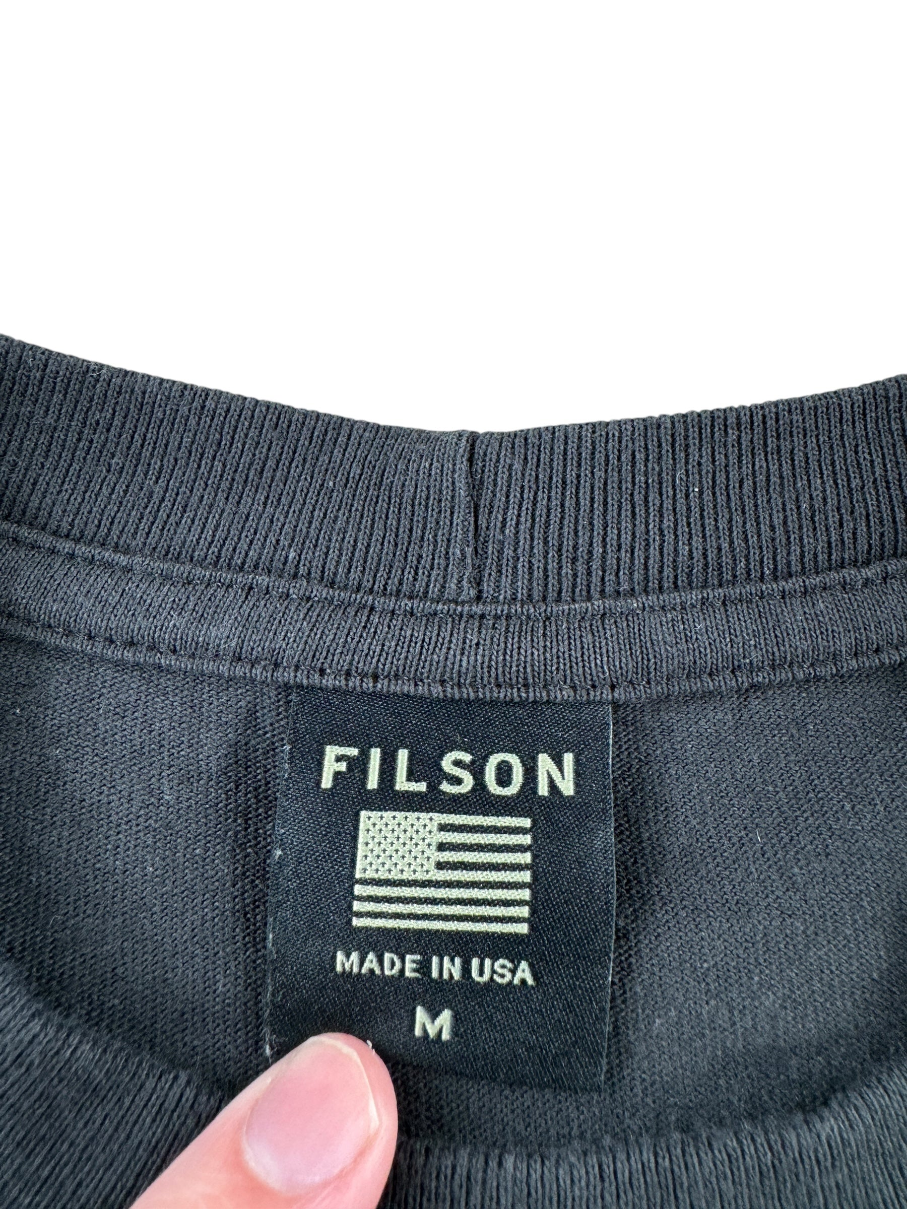 Label on Filson Long Sleeve Black Tee SZ M