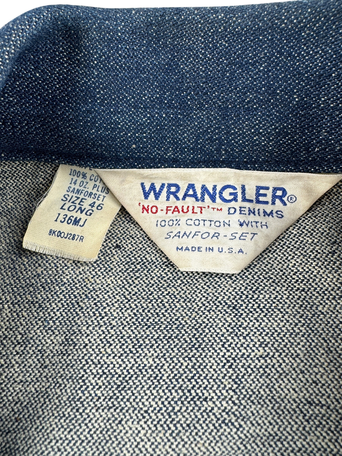 Tags on Vintage Dark Wash Wrangler 136MJ No Fault Denim Jacket SZ 46 Long