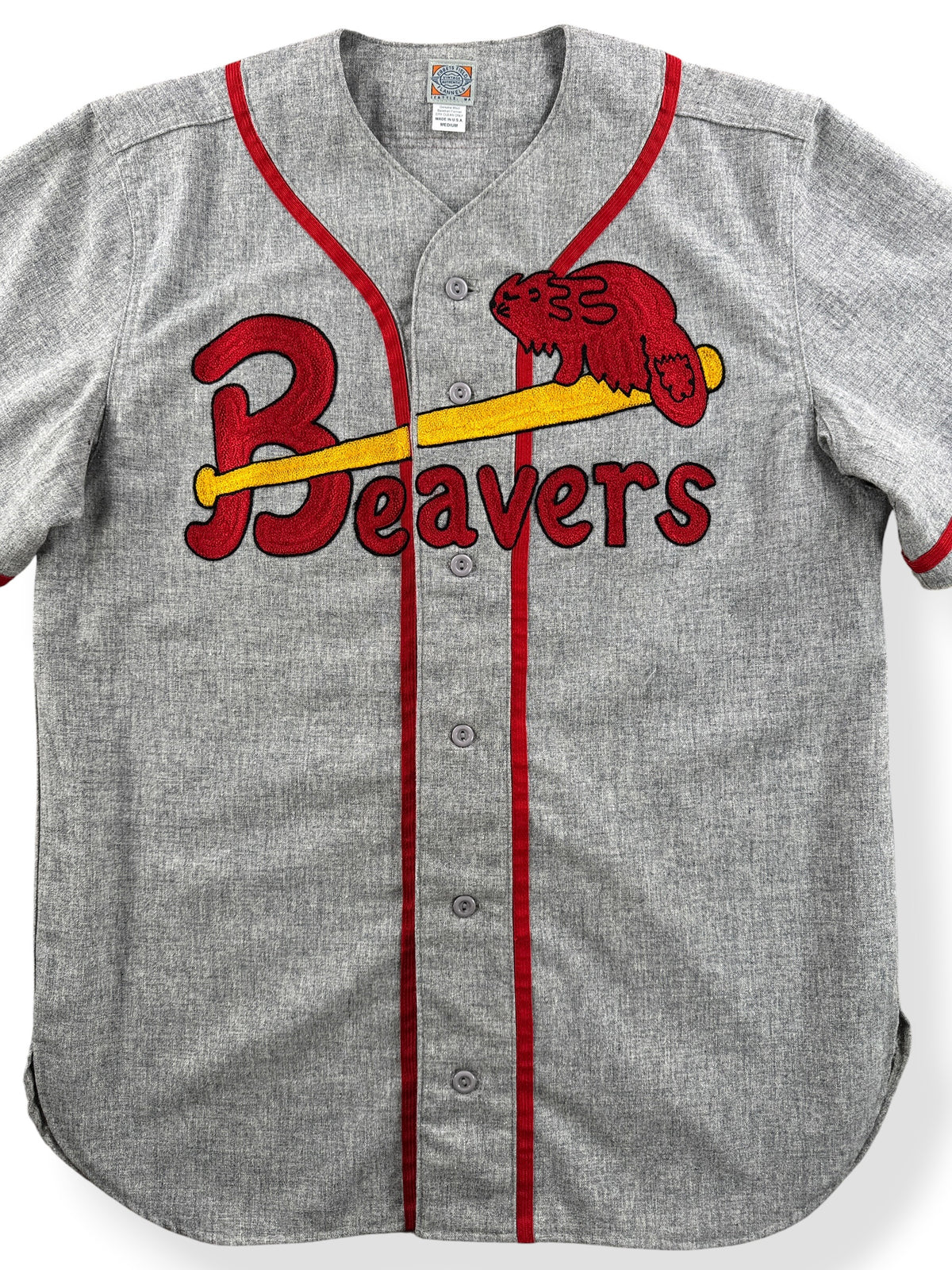 Close-up of Ebbets Field Beavers Wool Baseball Jersey SZ M