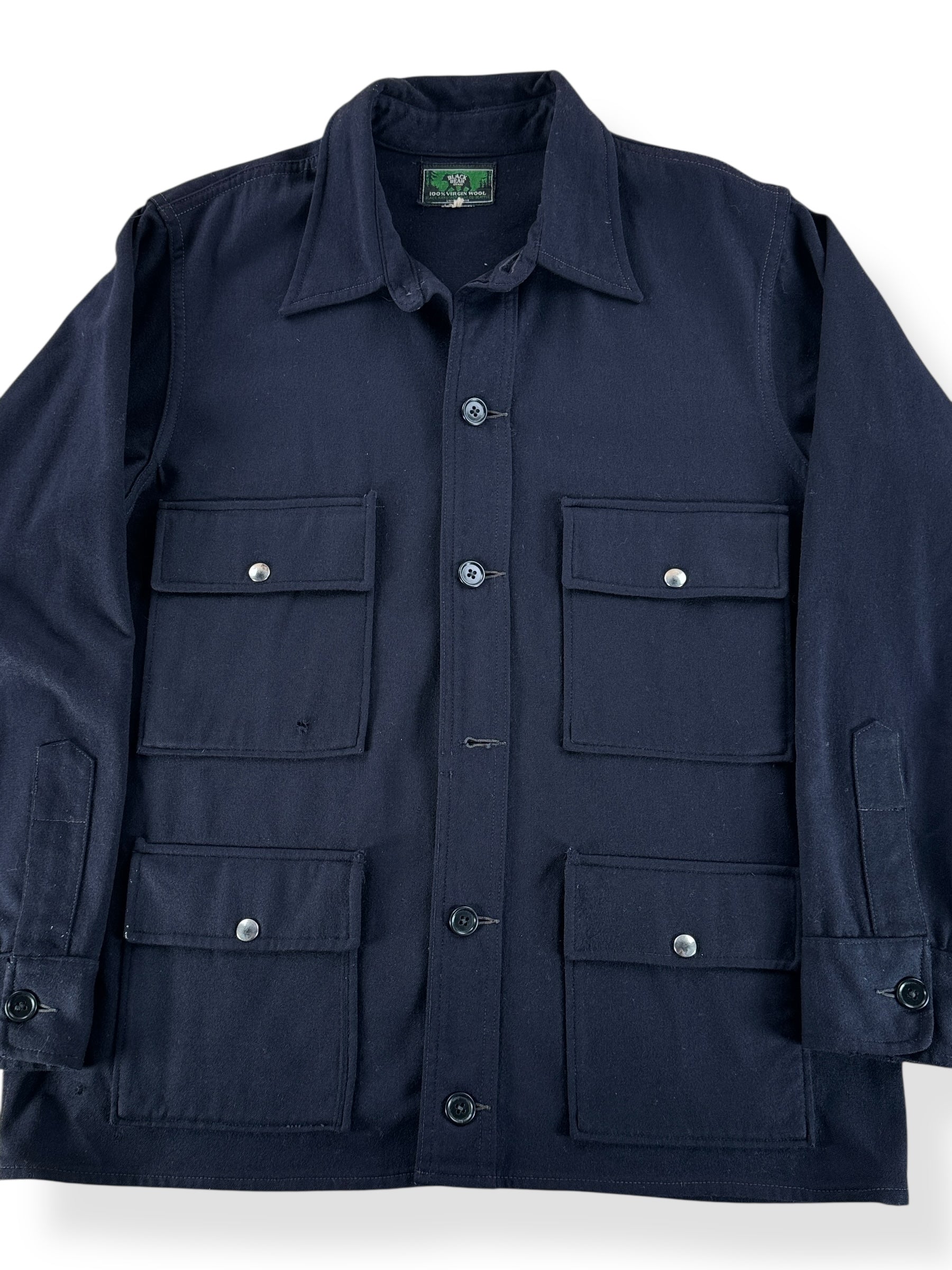 Front Close Up of Vintage Black Bear Light Wool Jacket SZ L