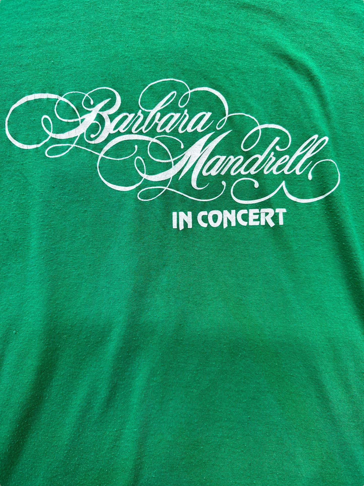 Front Close Up Detail on Vintage Green Barbara Mandrell Tee SZ XL | Vintage Country Music Tees Seattle | Barn Owl Vintage Goods