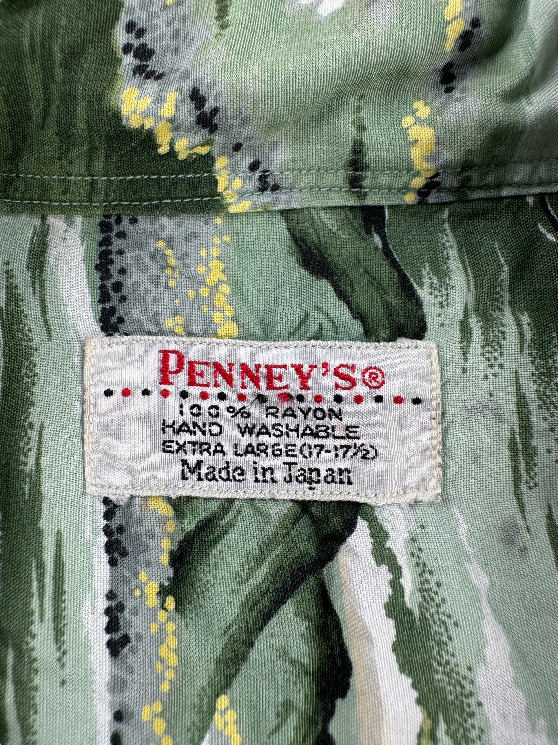 Tag on Vintage Penney's Green Themed Rayon Aloha Shirt SZ XL