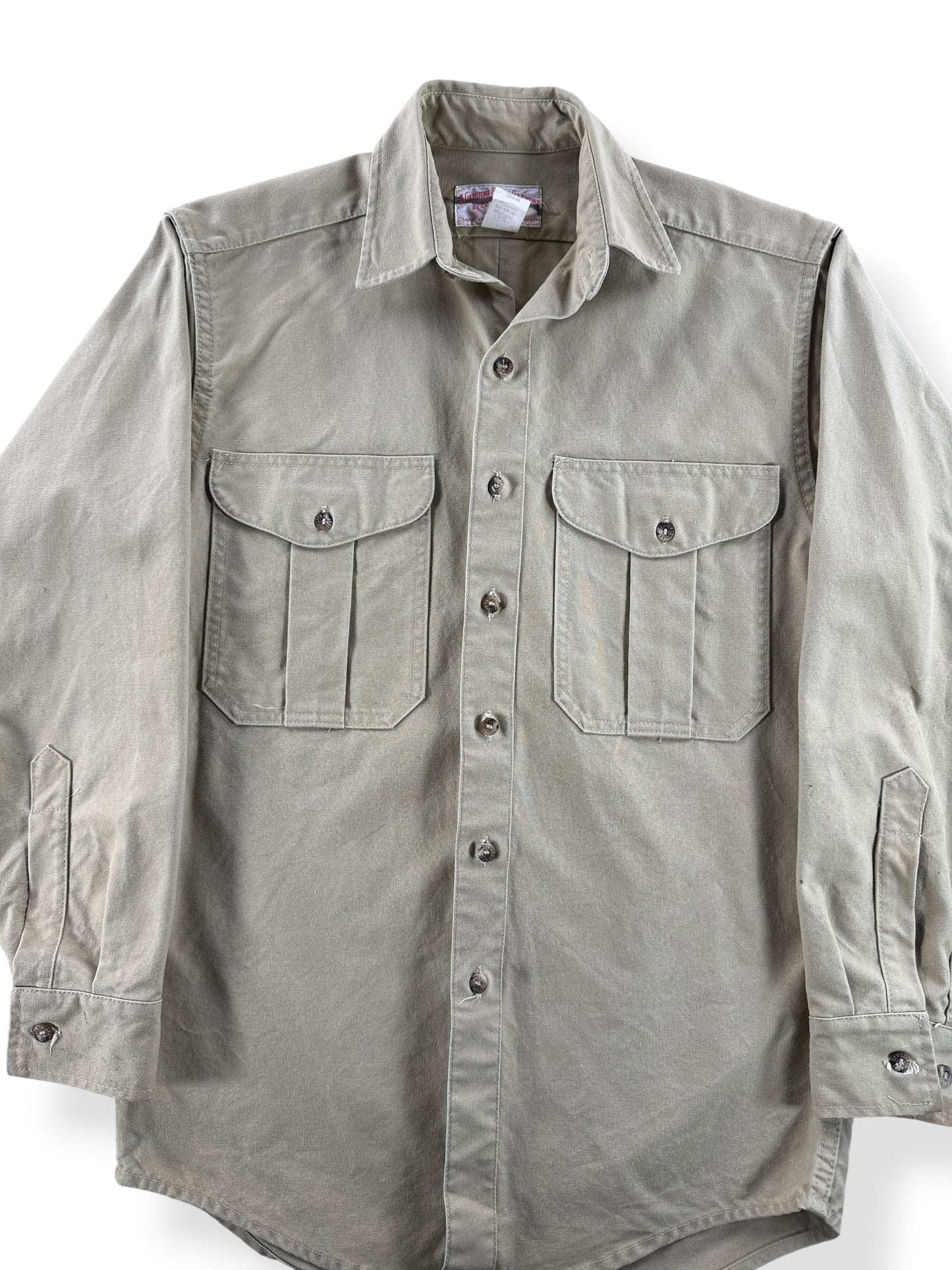 Front Close Up of Vintage Filson Khaki Dry Tin Shirt SZ S