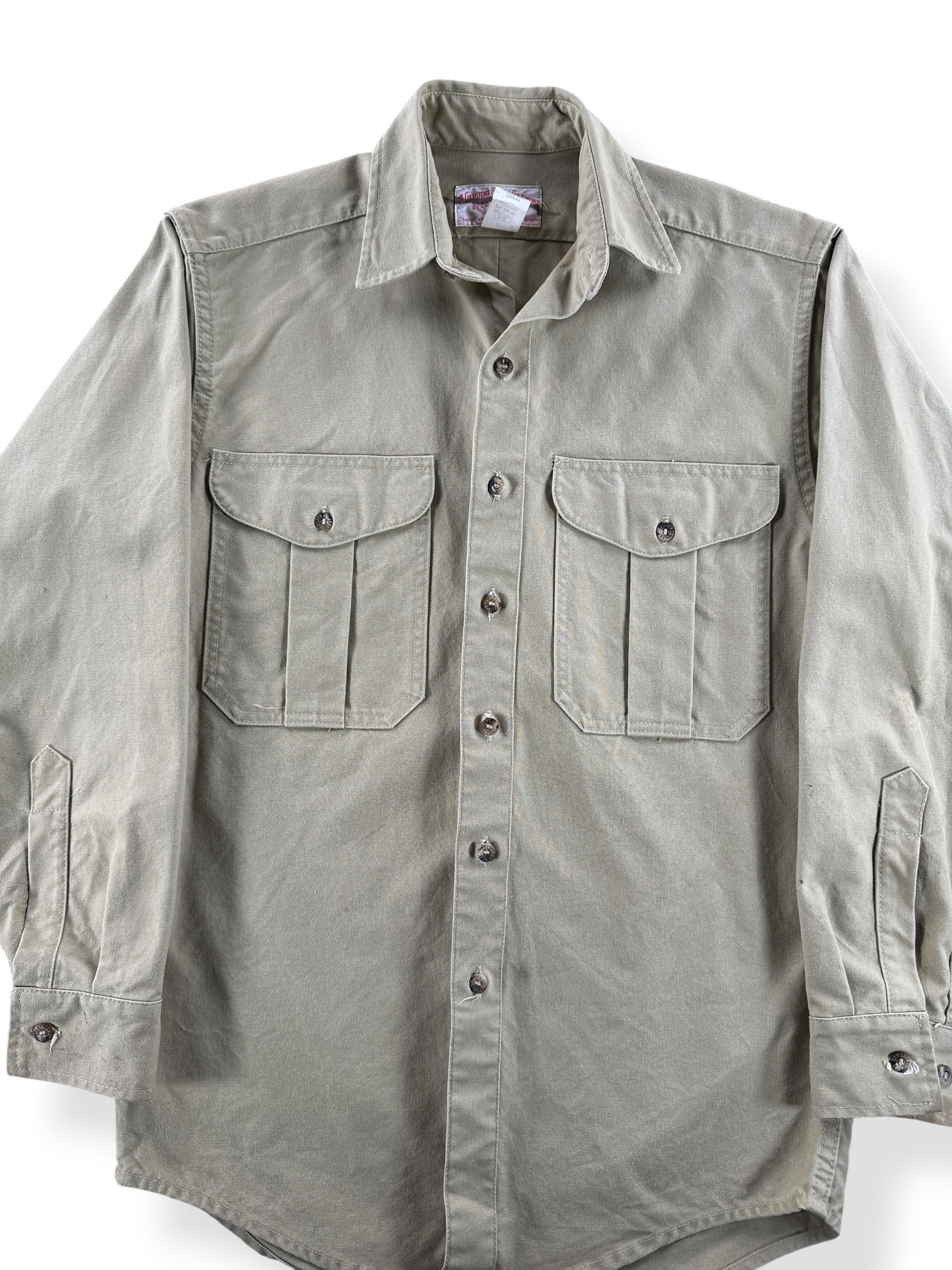 Front Close Up of Vintage Filson Khaki Dry Tin Shirt SZ S