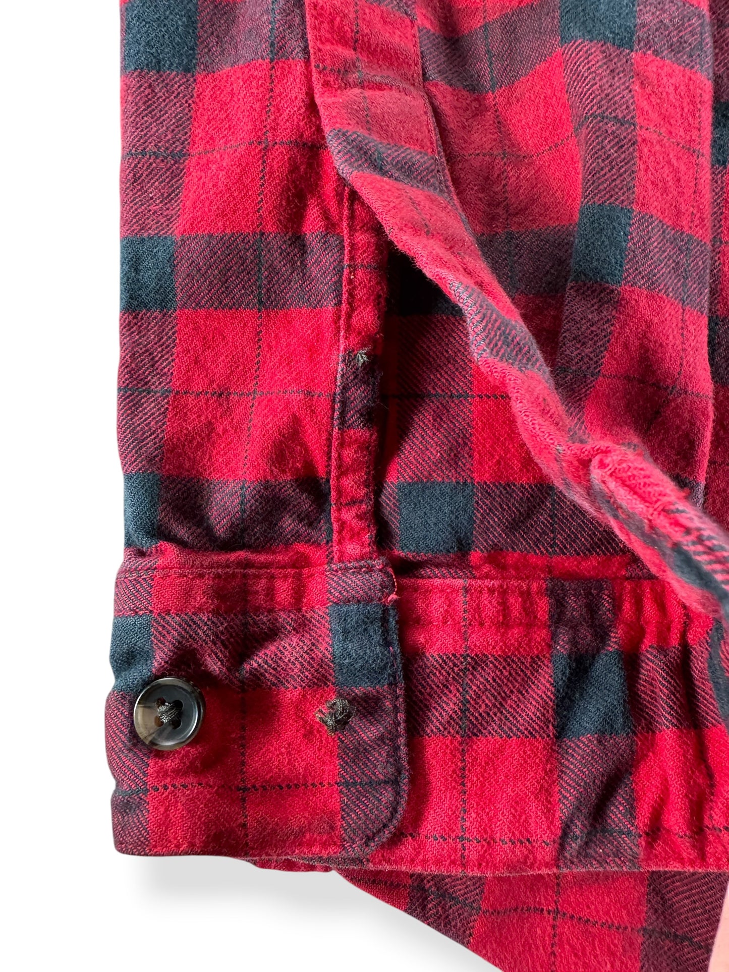 Missing Button on Filson Red Black Women's Alaska Guide Shirt SZ M