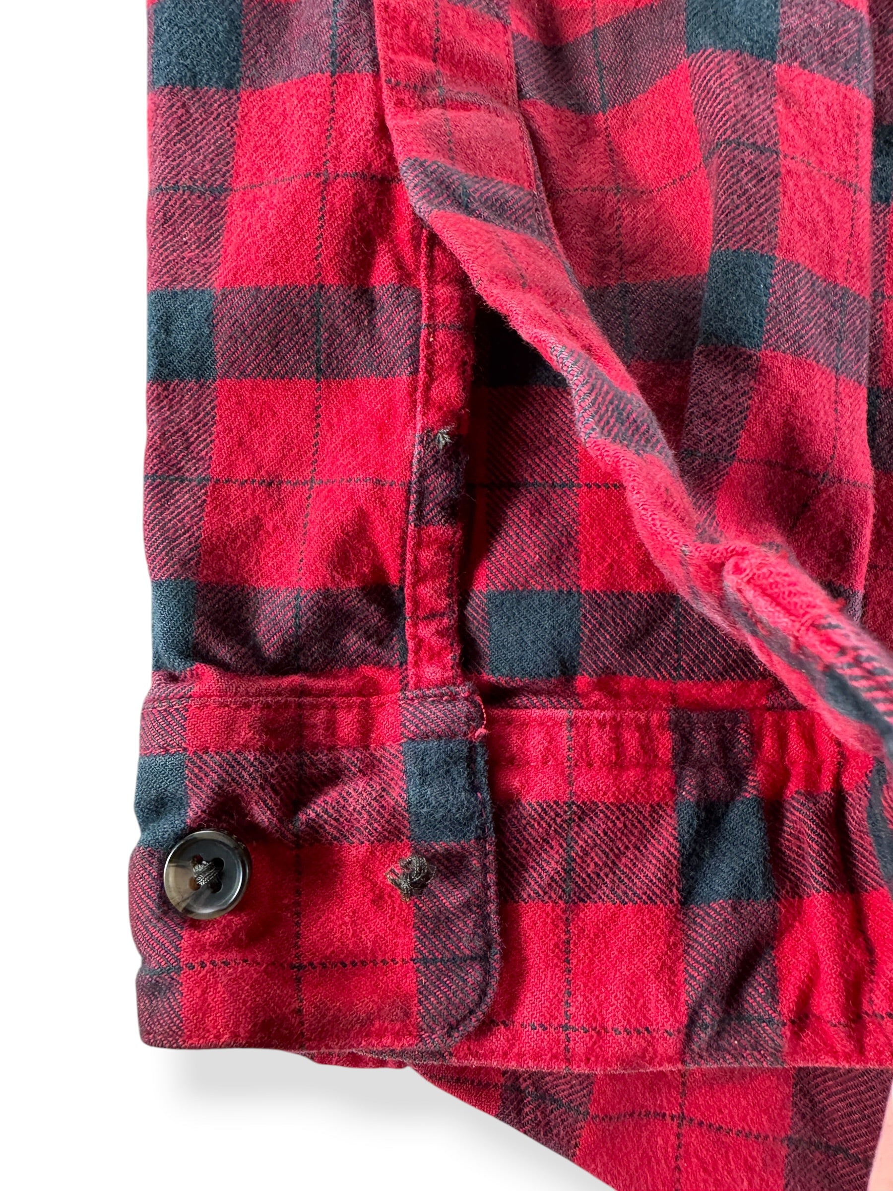 Missing Button on Filson Red Black Women's Alaska Guide Shirt SZ M