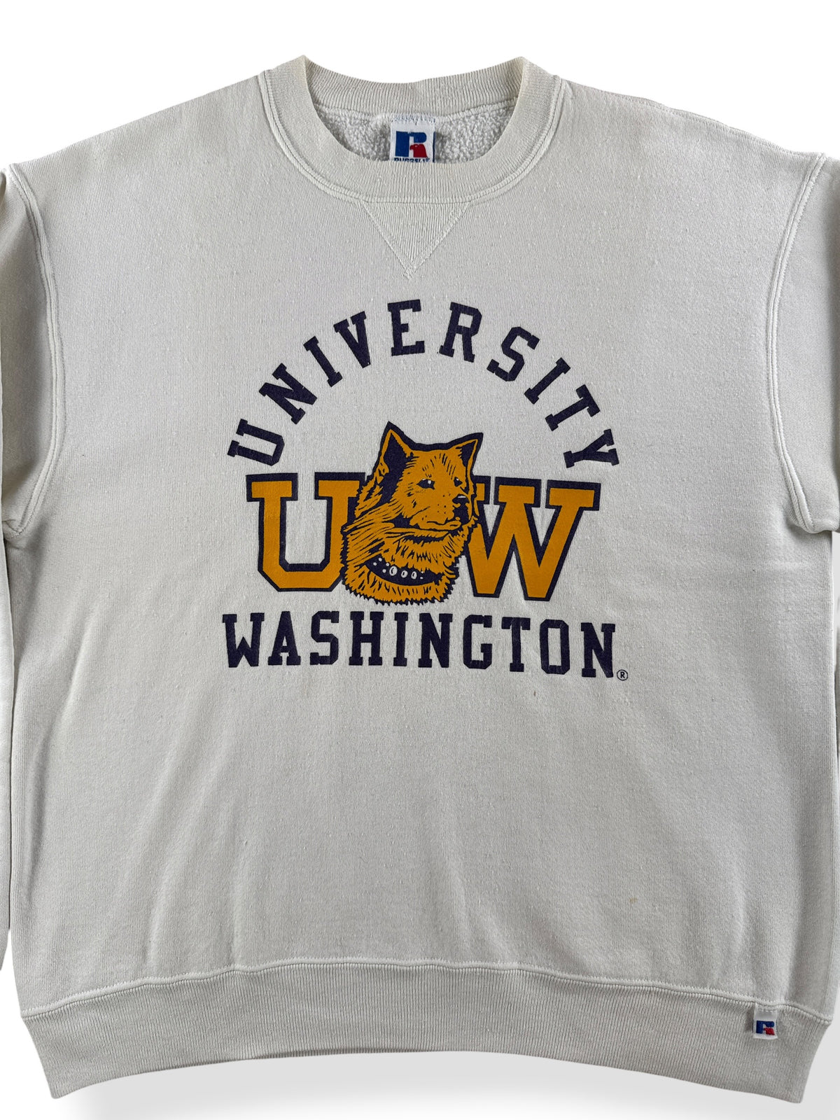 Front Close Up of Vintage UW Huskies Russell Crew Neck SZ L