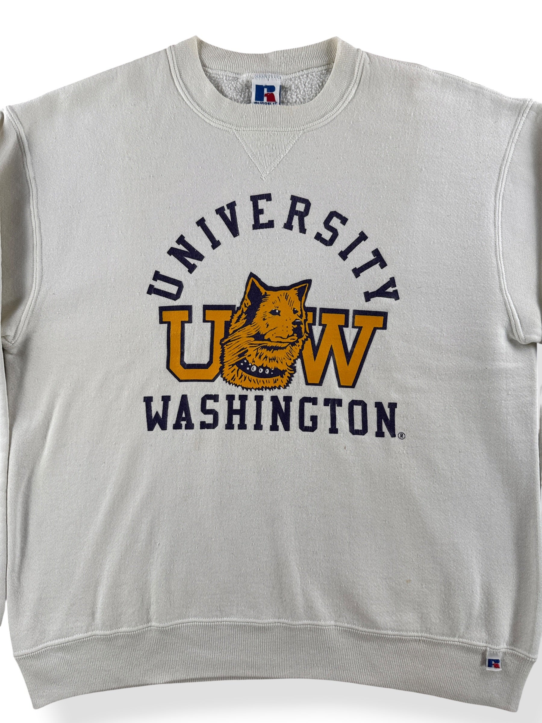 Front Close Up of Vintage UW Huskies Russell Crew Neck SZ L