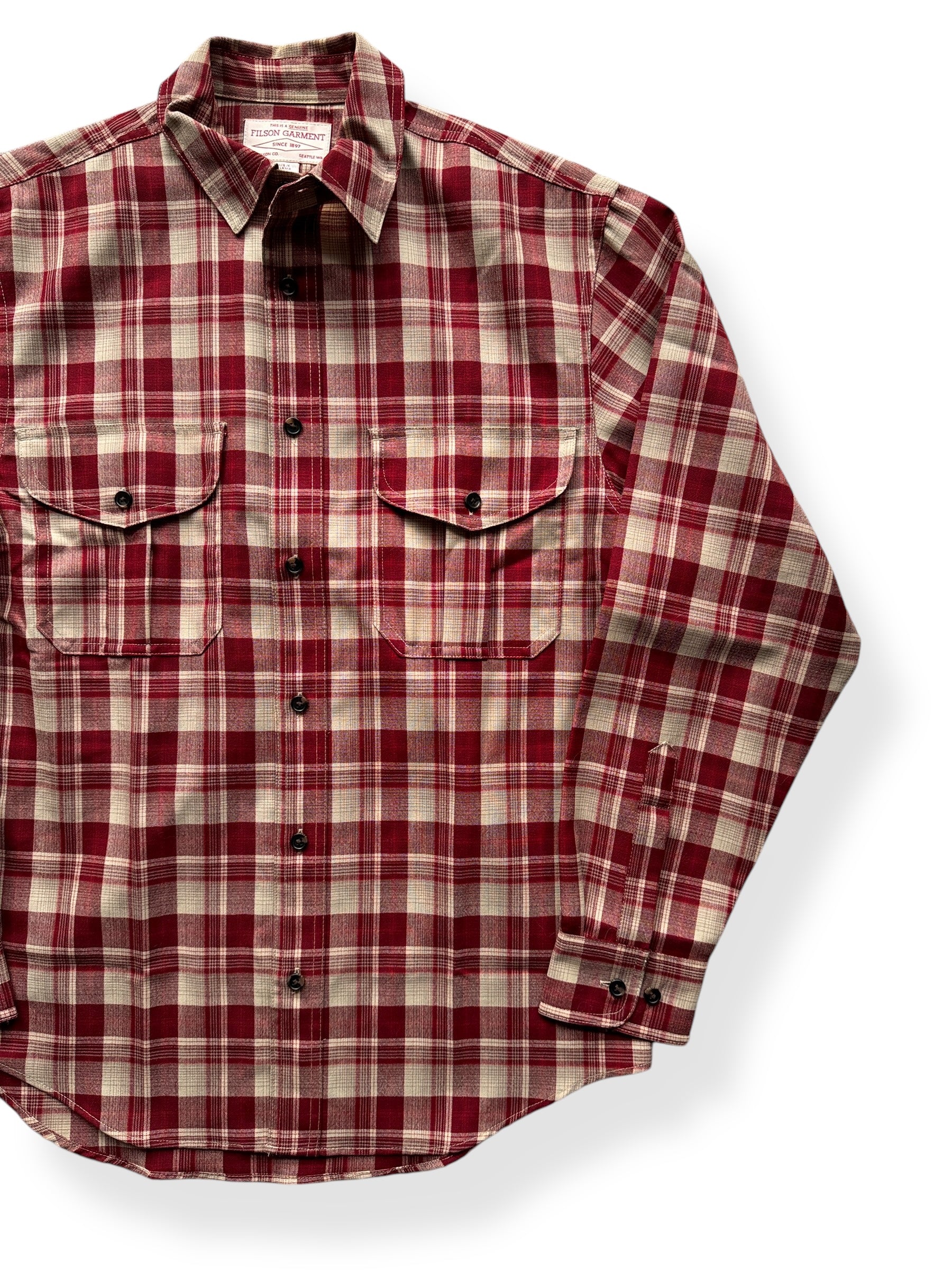 Front Left of Filson Merino Wool Red Tan Plaid Guide Shirt SZ S