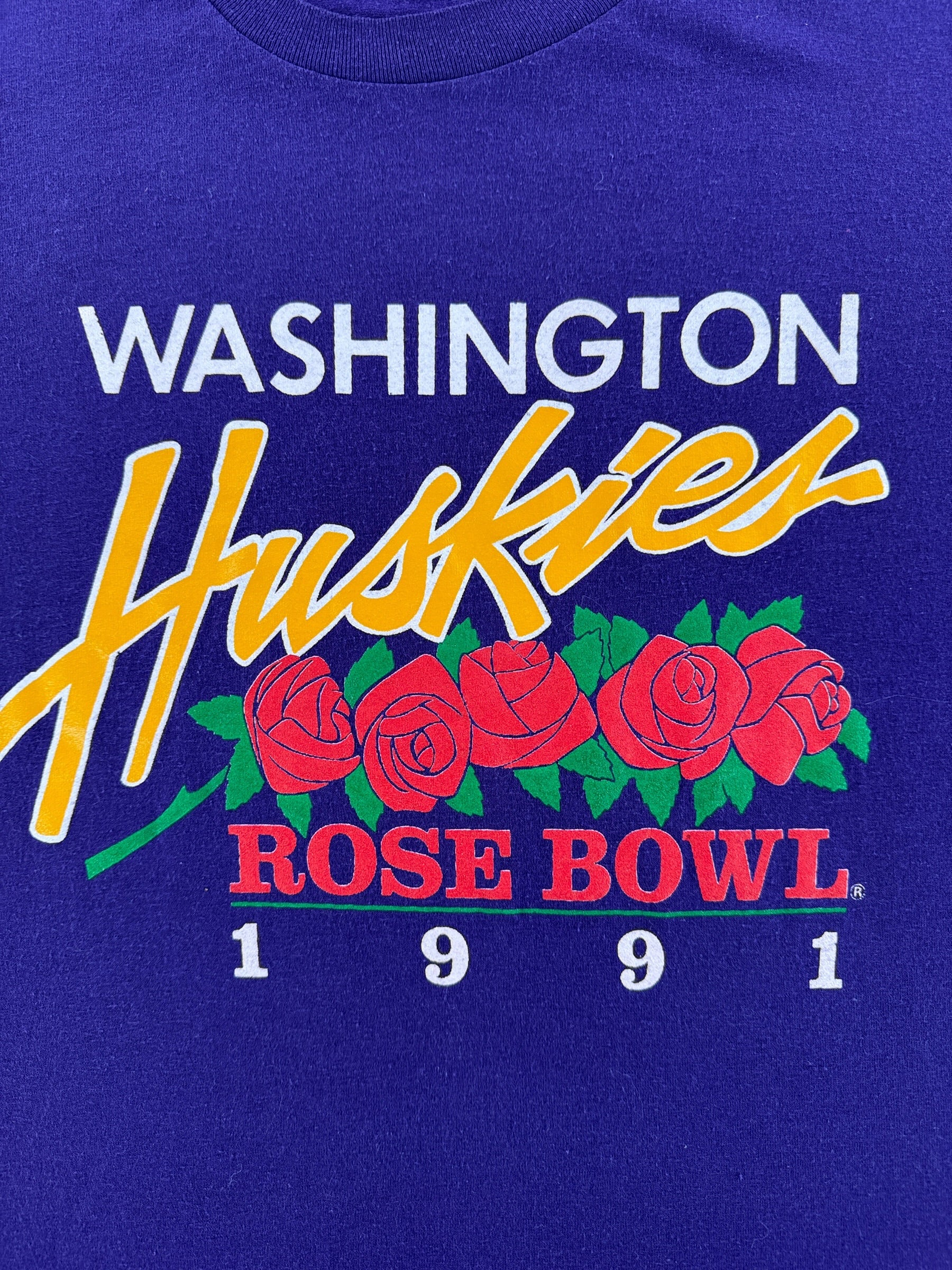 Graphic of Vintage 1991 Rose Bowl Washington Huskies Tee SZ XL (Fits L)
