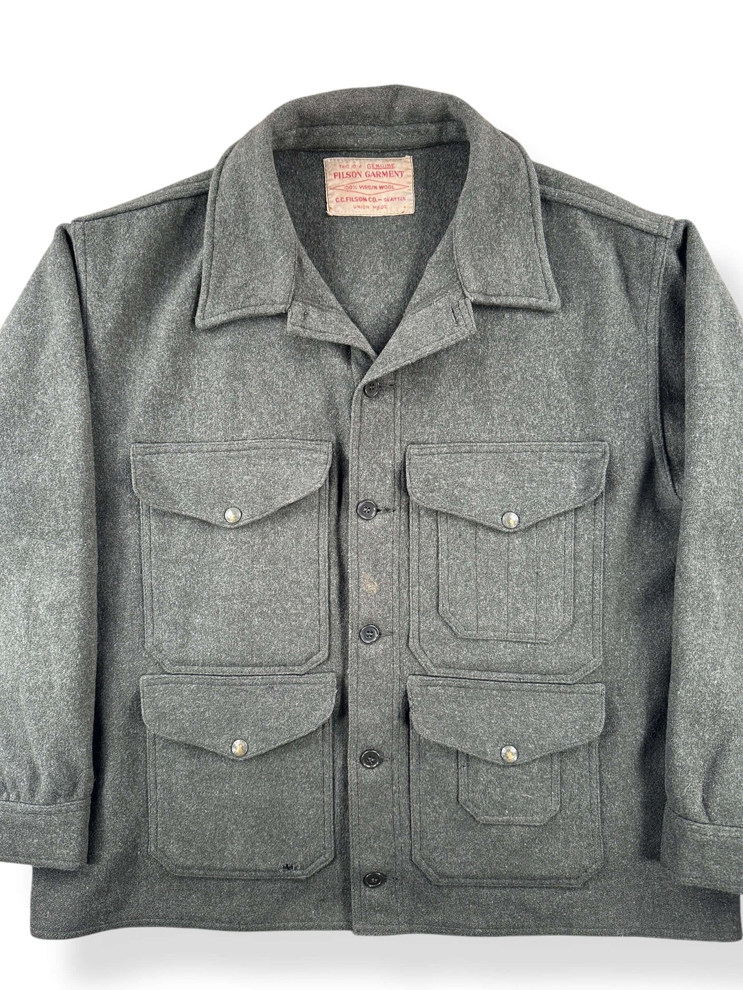 Front Close Up of Vintage Union Made Filson Mackinaw Green Cruiser SZ 48
