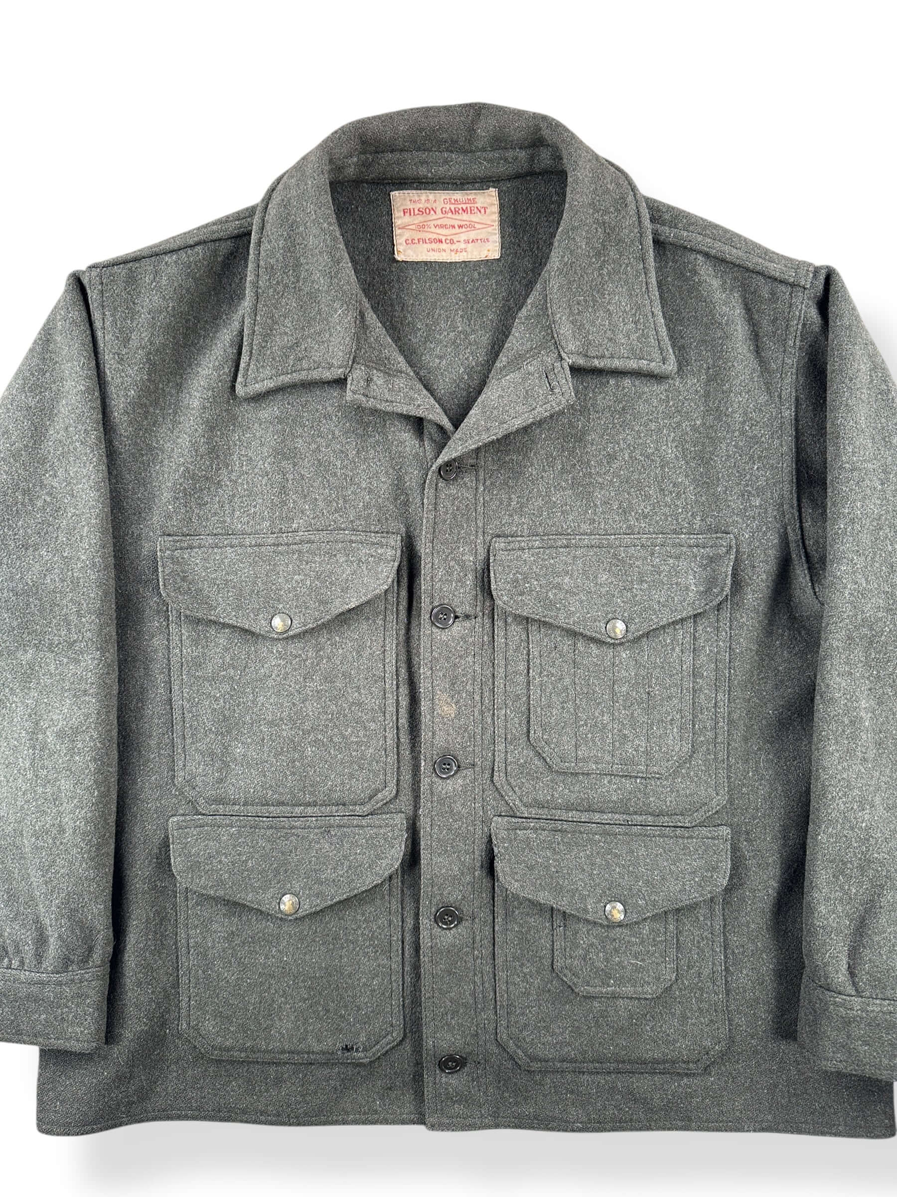 Front Close Up of Vintage Union Made Filson Mackinaw Green Cruiser SZ 48
