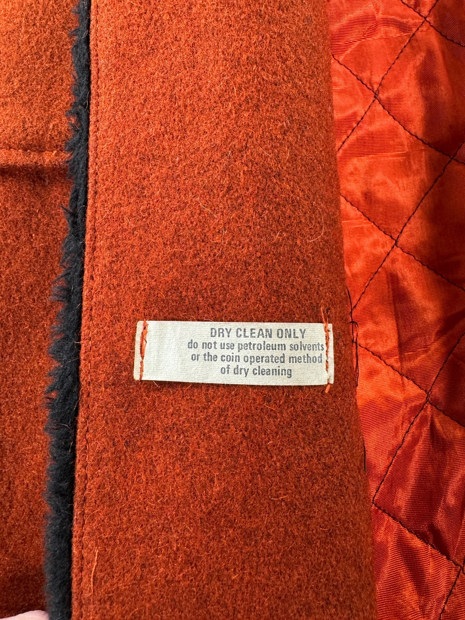 Care Label on Vintage 60s Burnt Orange Penny Lane Style Coat w/ Clasps SZ M