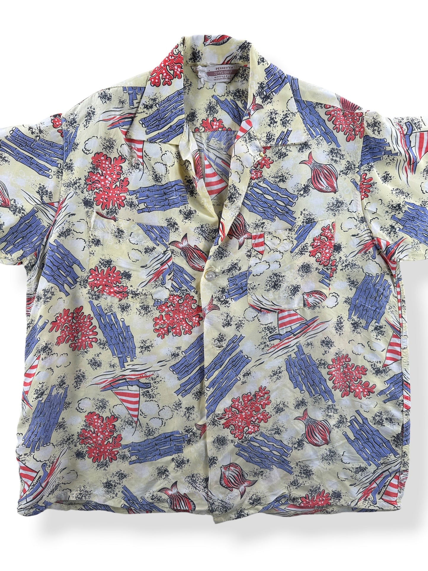 Front Close Up of Vintage Penney's Topflight Rayon Fixer Aloha Shirt SZ M