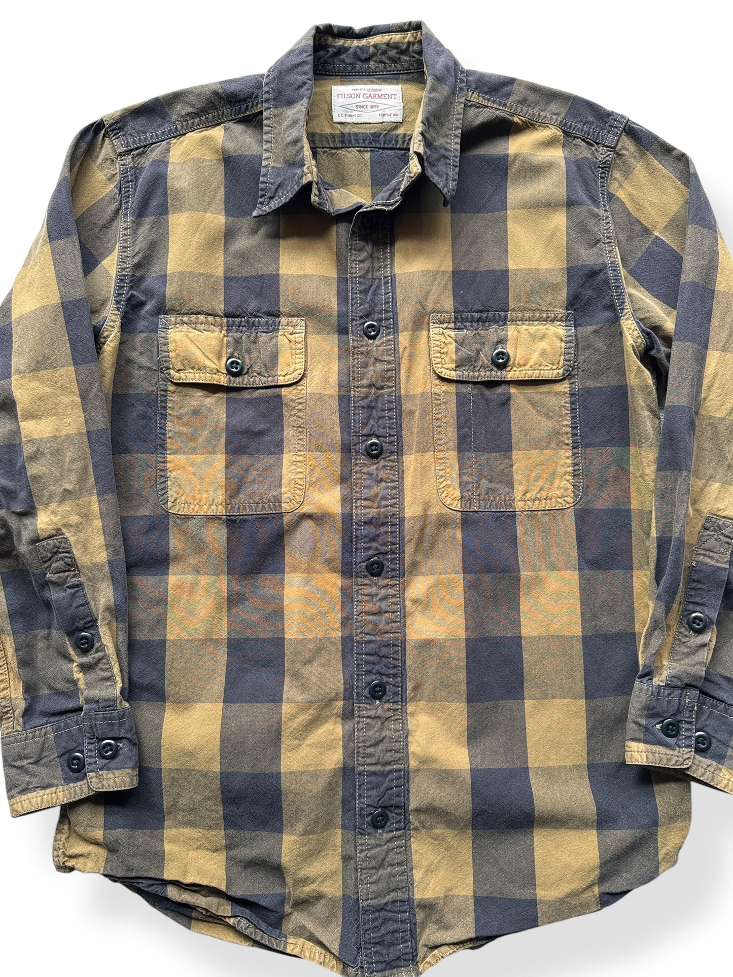 Front Close Up of Modern Filson Brown Black Plaid Button Up SZ M